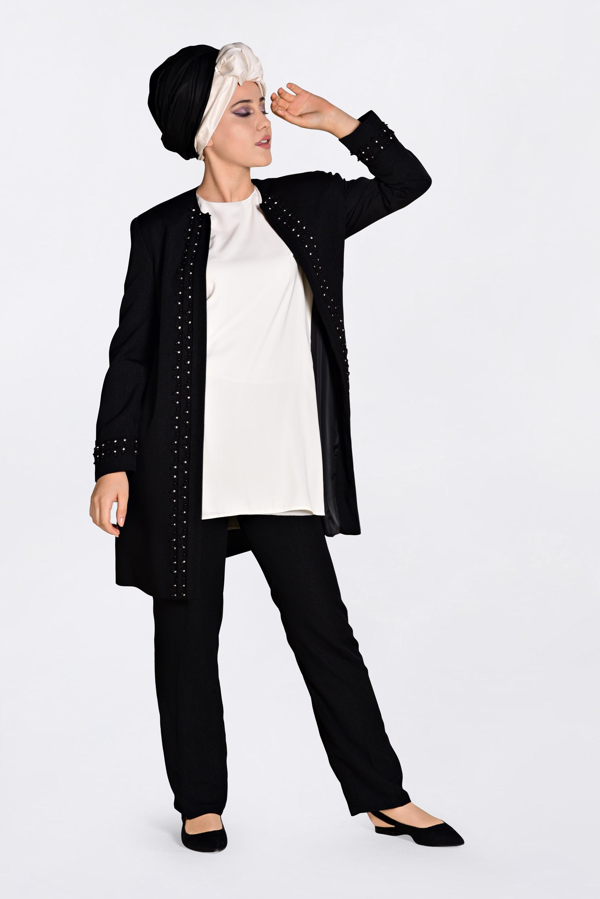 Tesettür giyim SİYAH GÜPÜR VE İNCİ İŞLEMELİ ÜÇLÜ PANT.TAKIM 3442 