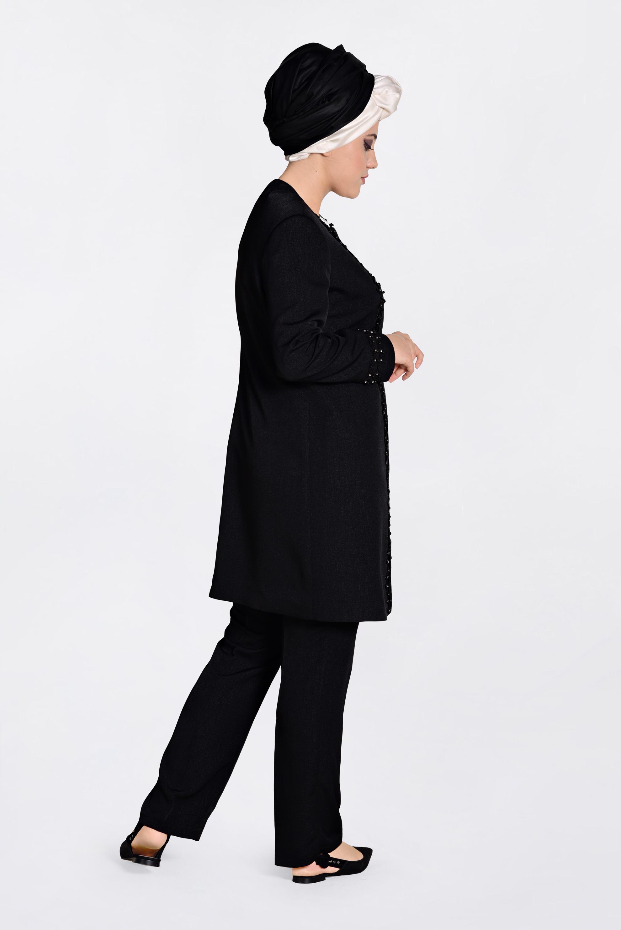 Tesettür giyim SİYAH GÜPÜR VE İNCİ İŞLEMELİ ÜÇLÜ PANT.TAKIM 3442 