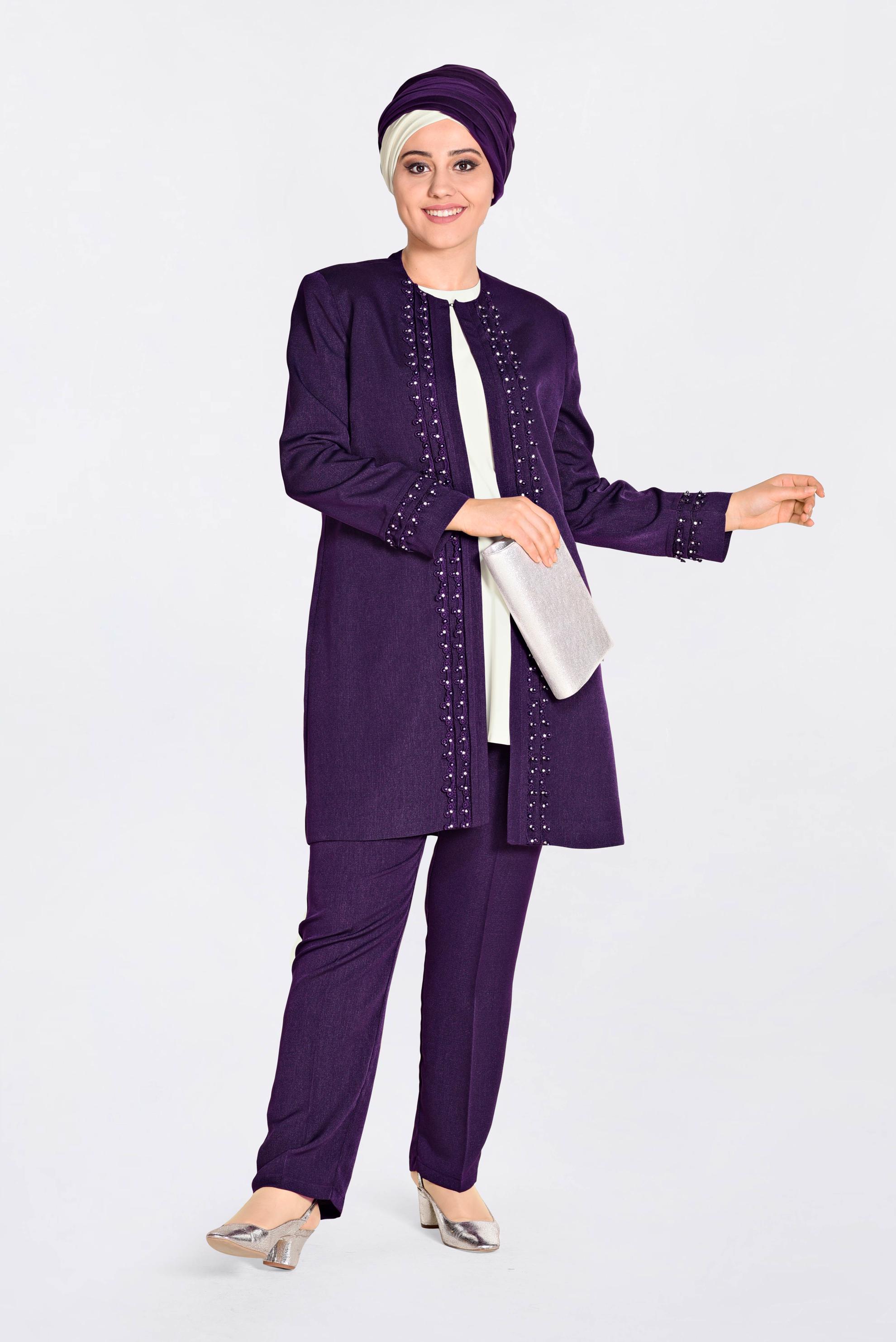 Tesettür giyim MOR GÜPÜR VE İNCİ İŞLEMELİ ÜÇLÜ PANT.TAKIM 3442 