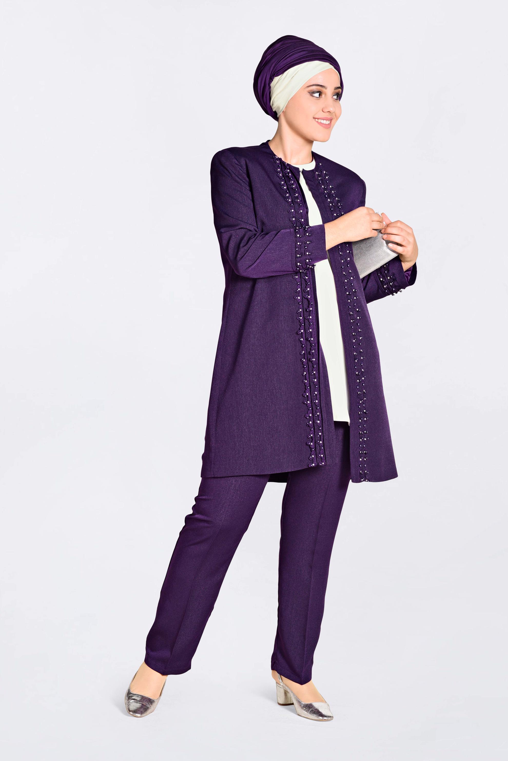 Tesettür giyim MOR GÜPÜR VE İNCİ İŞLEMELİ ÜÇLÜ PANT.TAKIM 3442 