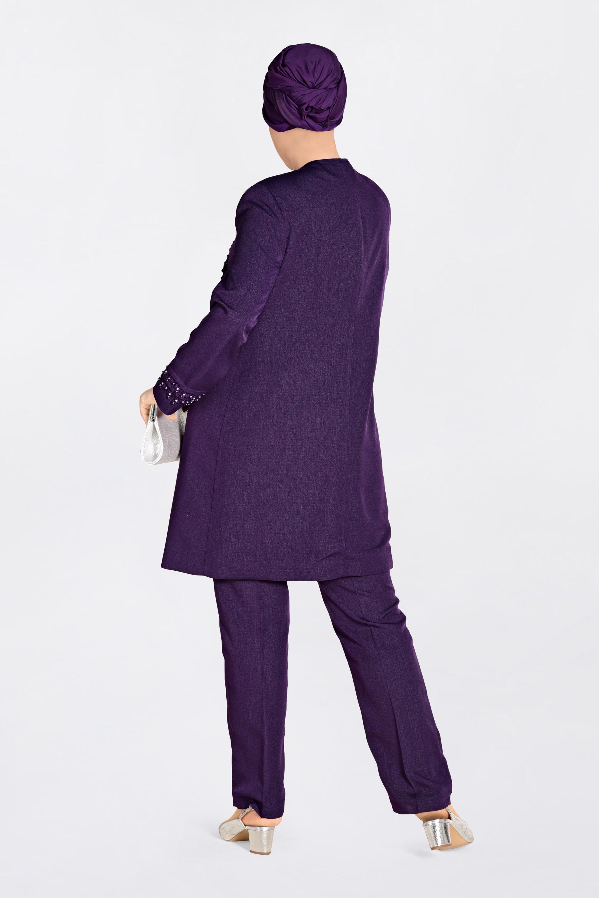 Tesettür giyim MOR GÜPÜR VE İNCİ İŞLEMELİ ÜÇLÜ PANT.TAKIM 3442 