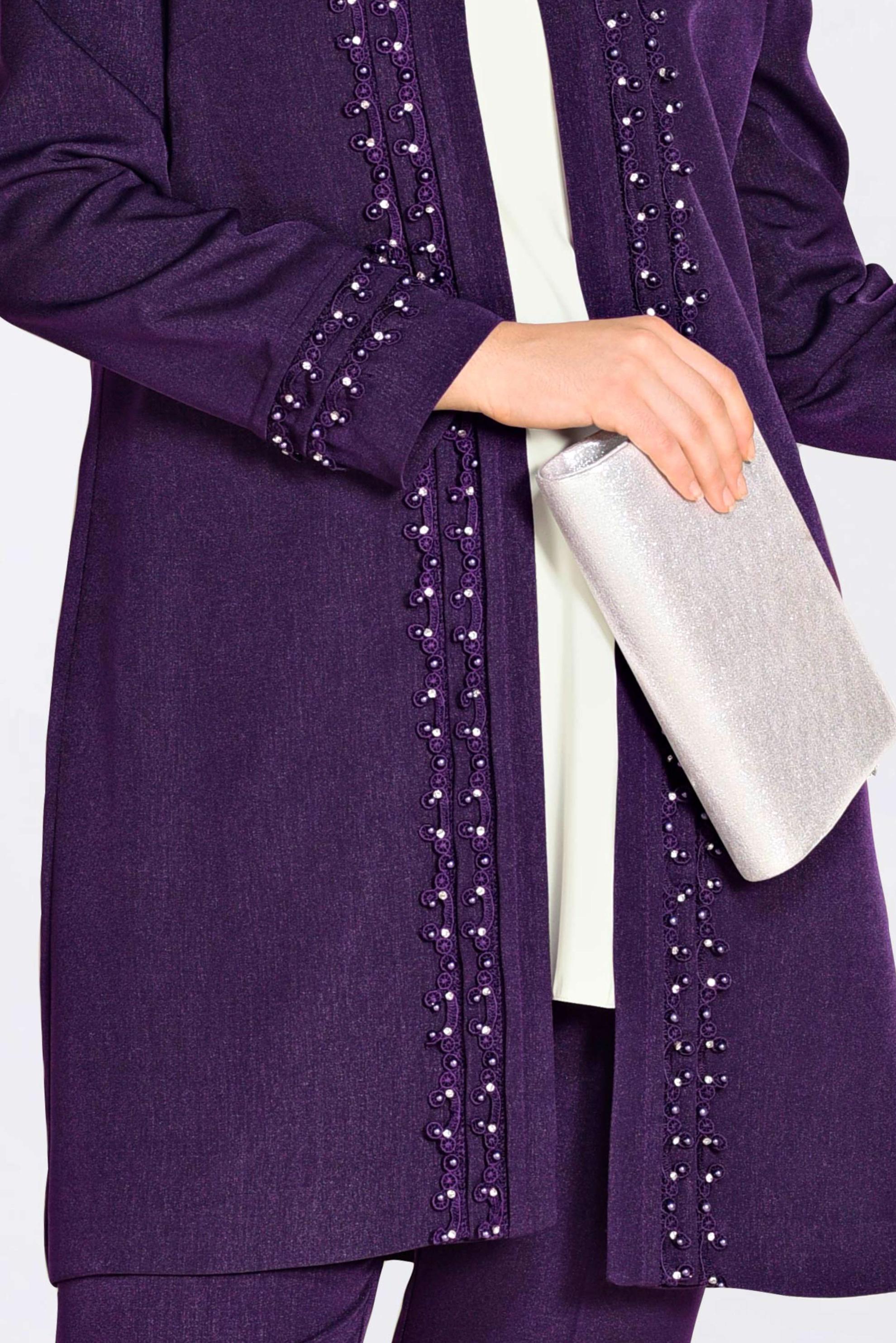 Tesettür giyim MOR GÜPÜR VE İNCİ İŞLEMELİ ÜÇLÜ PANT.TAKIM 3442 