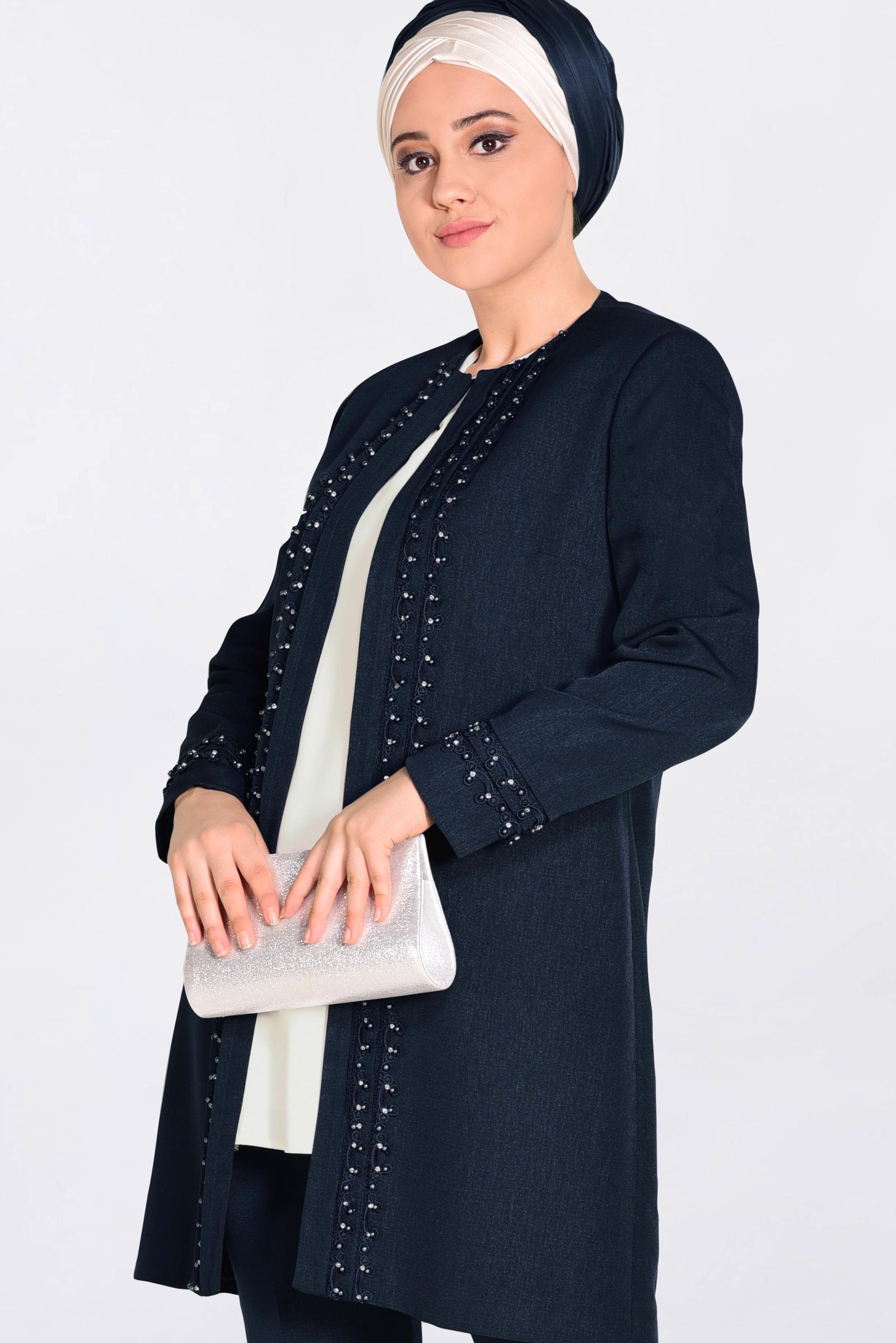 Tesettür giyim LACİVERT GÜPÜR VE İNCİ İŞLEMELİ ÜÇLÜ PANT.TAKIM 3442 