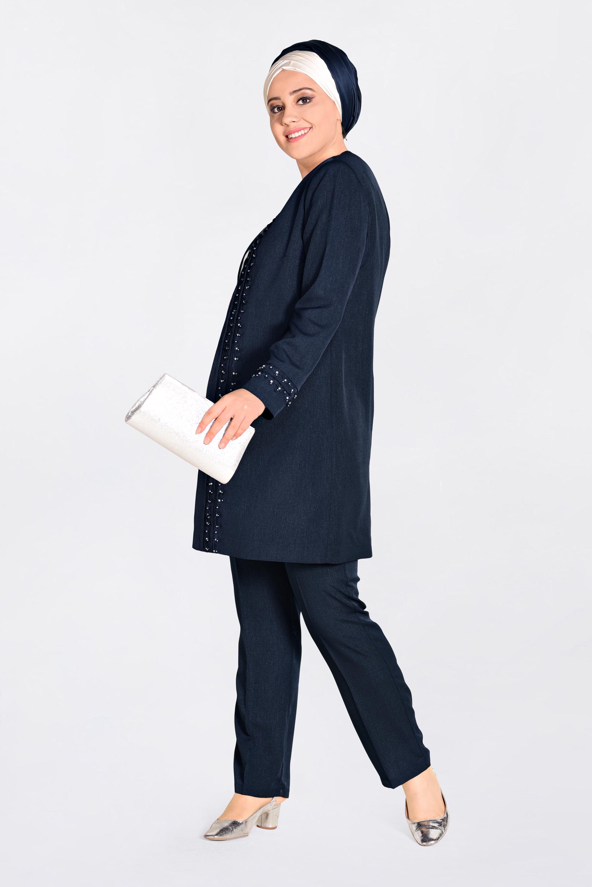 Tesettür giyim LACİVERT GÜPÜR VE İNCİ İŞLEMELİ ÜÇLÜ PANT.TAKIM 3442 