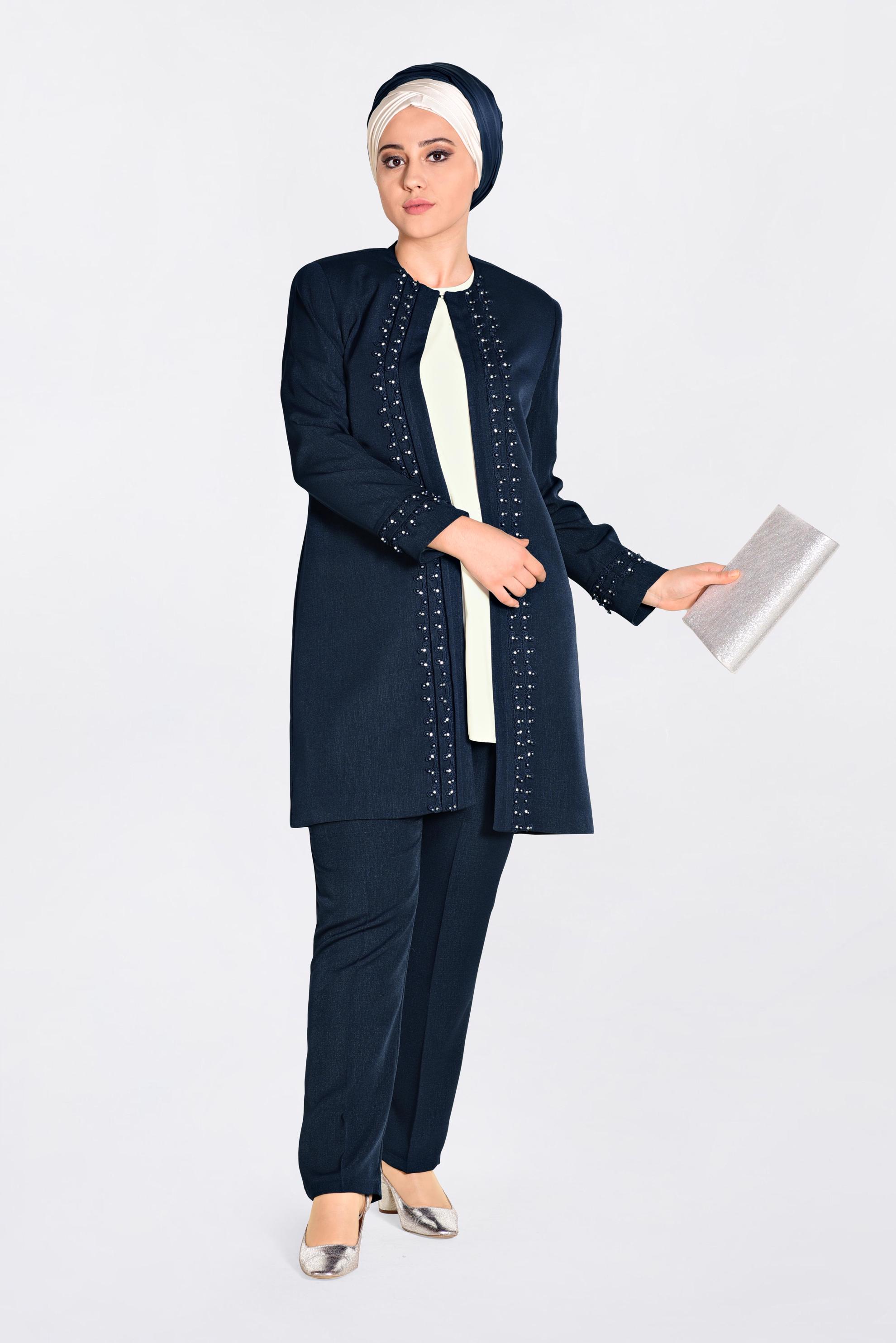 Tesettür giyim LACİVERT GÜPÜR VE İNCİ İŞLEMELİ ÜÇLÜ PANT.TAKIM 3442 