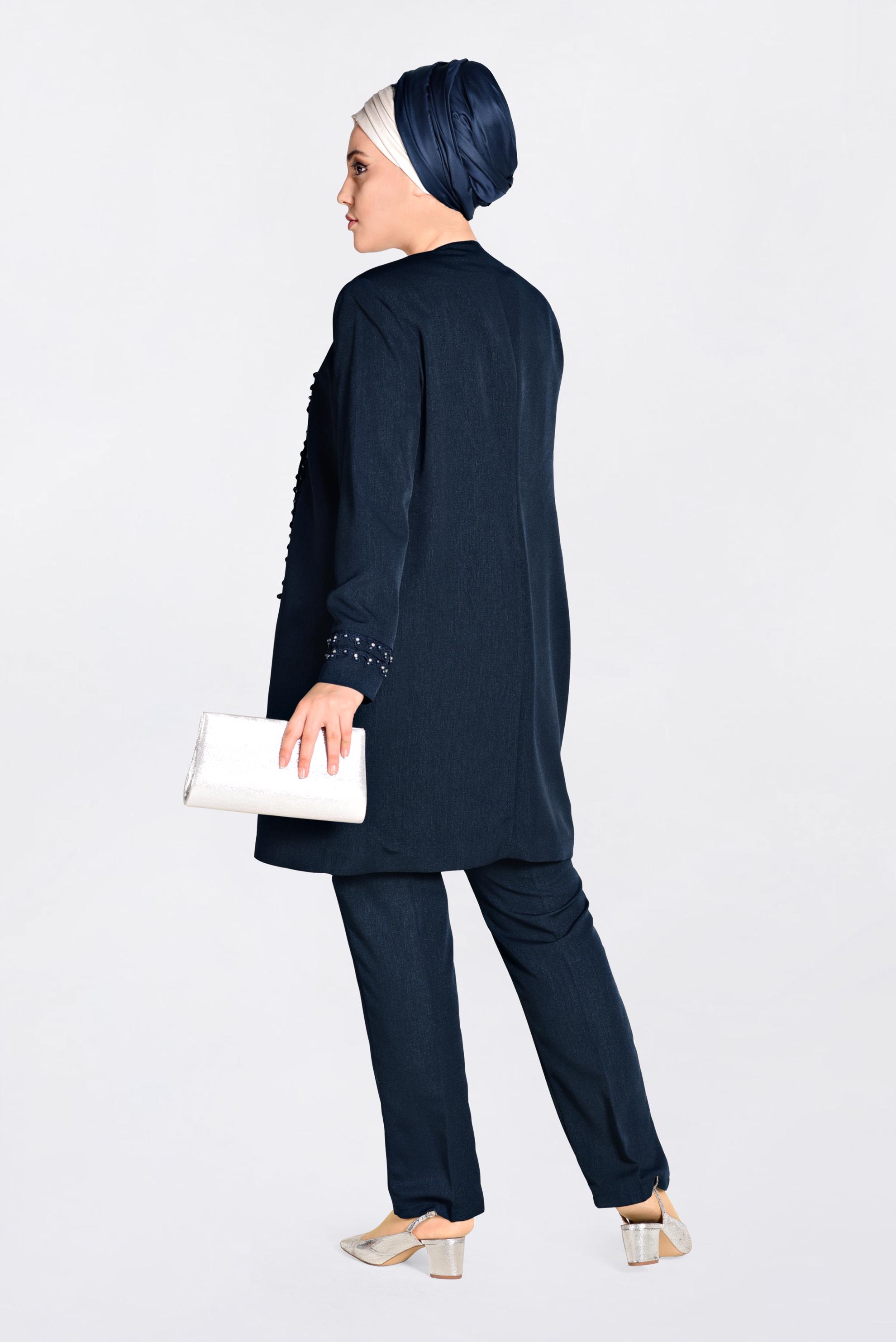 Tesettür giyim LACİVERT GÜPÜR VE İNCİ İŞLEMELİ ÜÇLÜ PANT.TAKIM 3442 