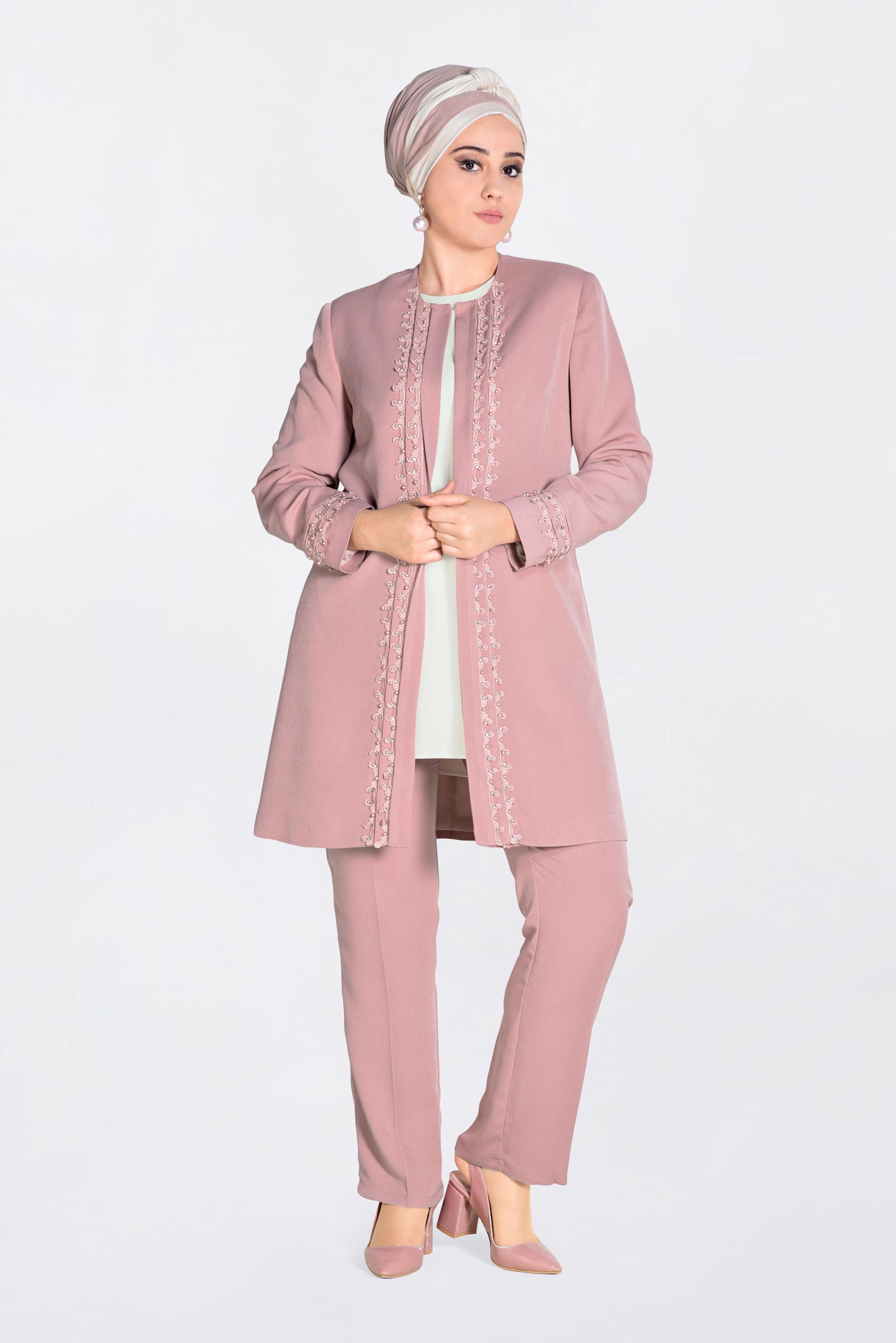 Tesettür giyim PUDRA GÜPÜR VE İNCİ İŞLEMELİ ÜÇLÜ PANT.TAKIM 3442 