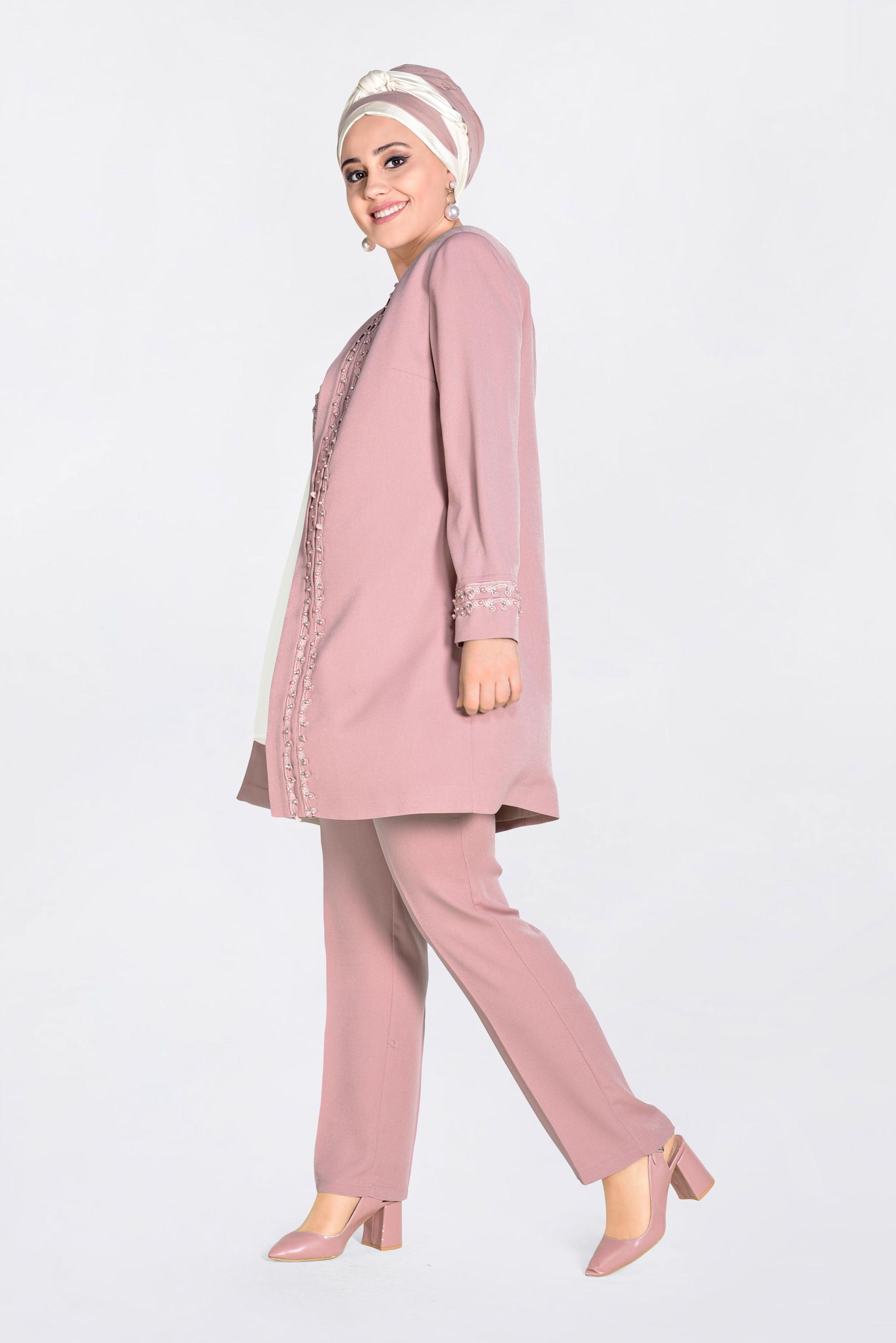 Tesettür giyim PUDRA GÜPÜR VE İNCİ İŞLEMELİ ÜÇLÜ PANT.TAKIM 3442 