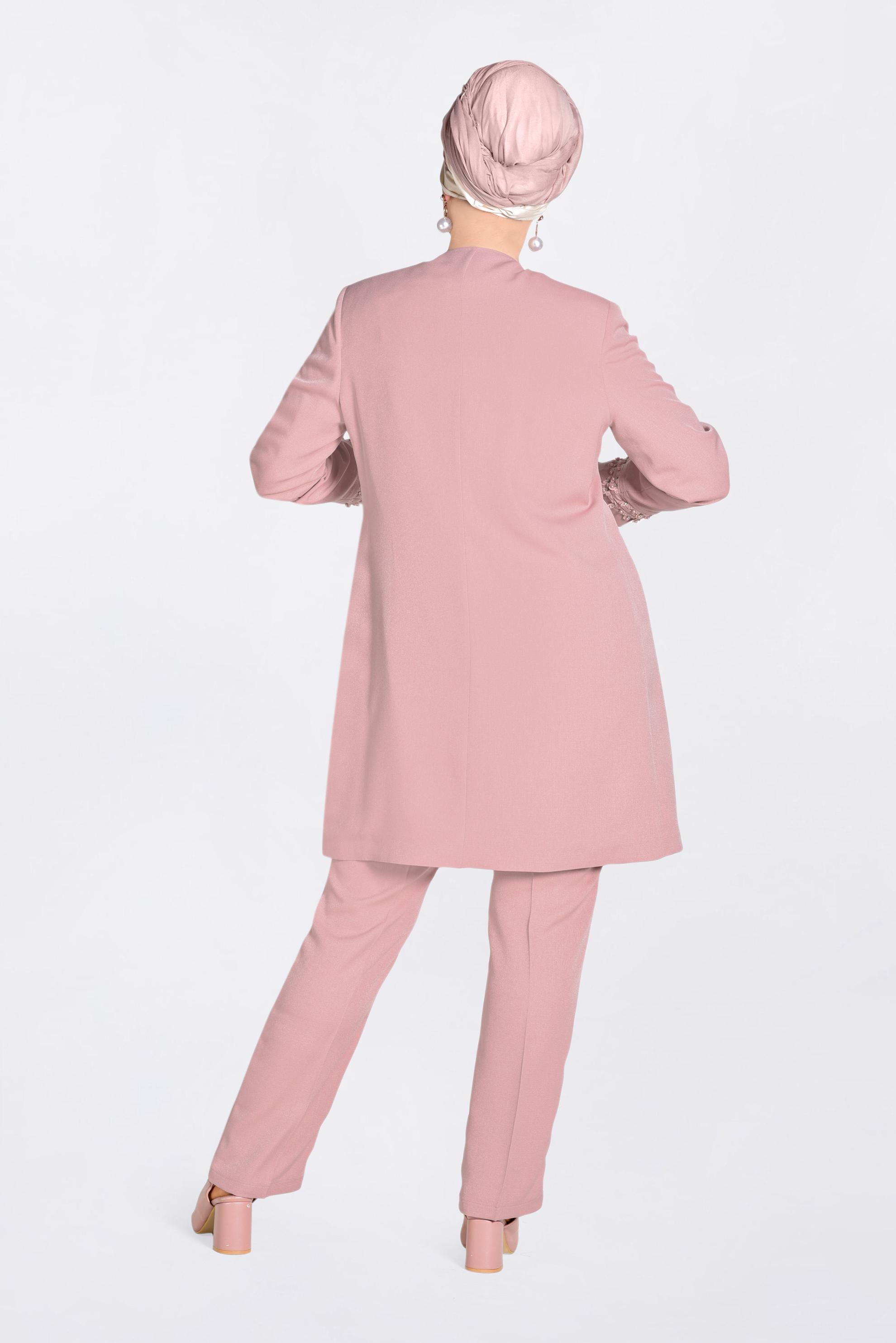 Tesettür giyim PUDRA GÜPÜR VE İNCİ İŞLEMELİ ÜÇLÜ PANT.TAKIM 3442 