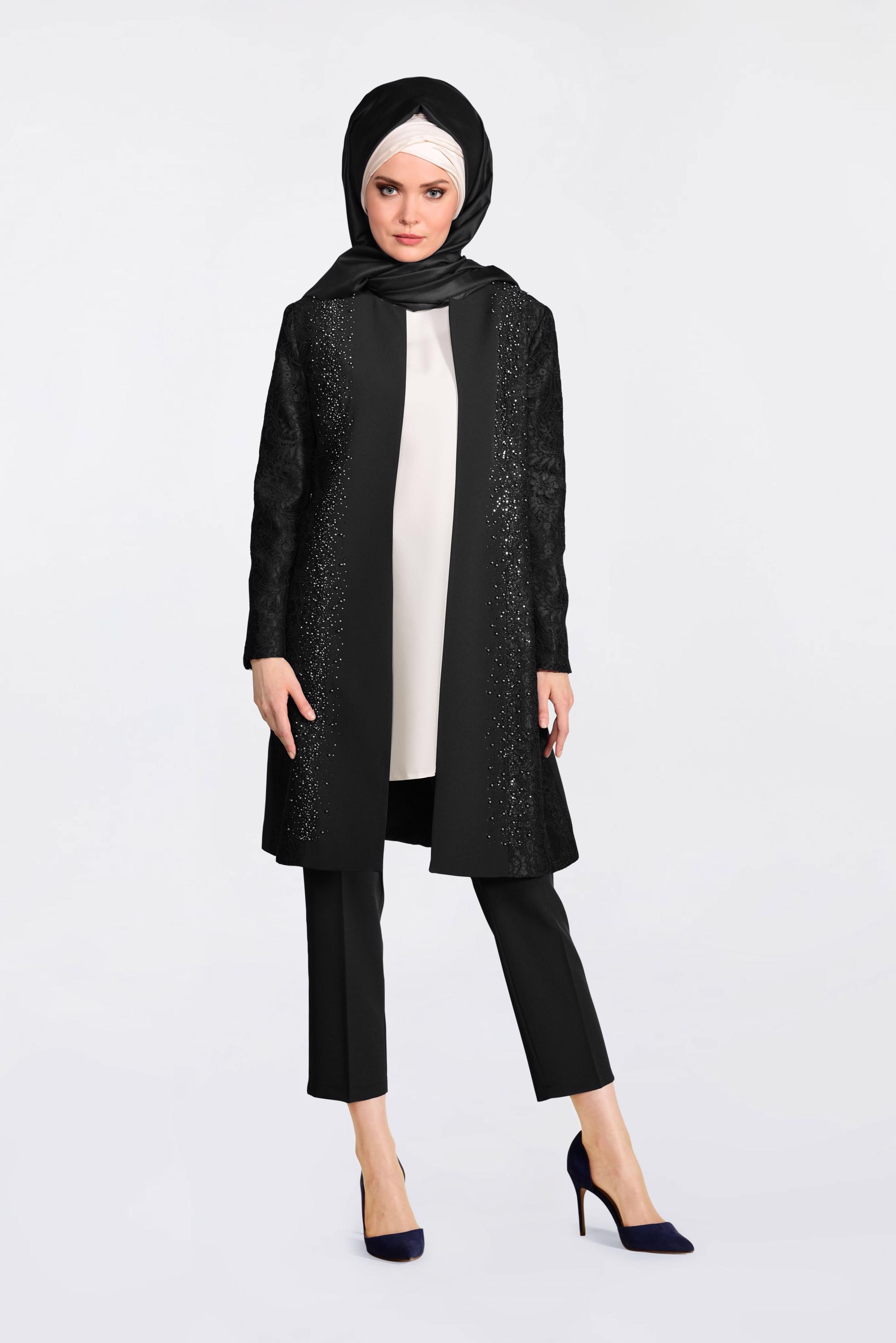 Tesettür giyim SİYAH DANTEL VE BONCUK İŞLEMELİ ÜÇLÜ PANTOLONLU TAKIM 3443