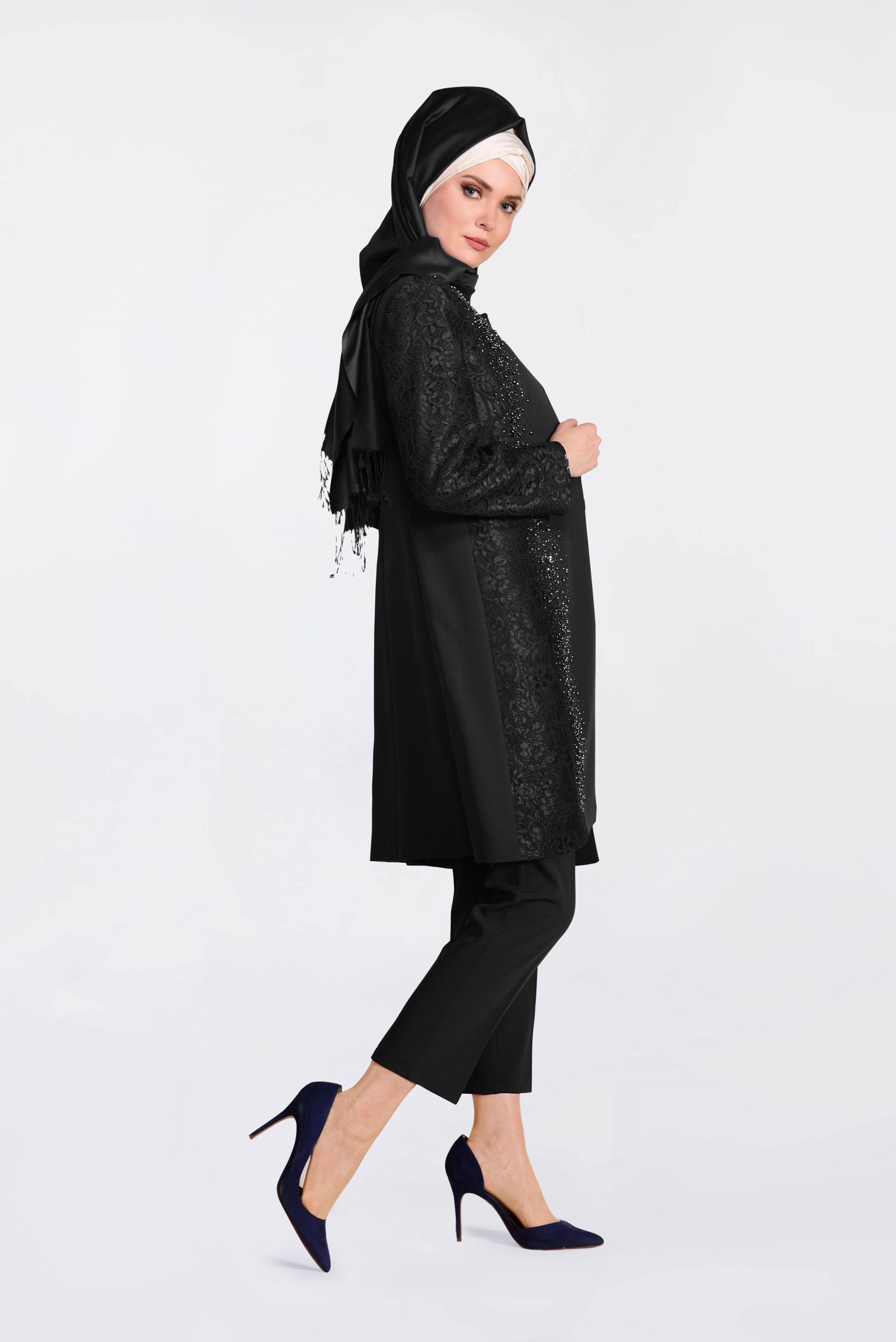 Tesettür giyim SİYAH DANTEL VE BONCUK İŞLEMELİ ÜÇLÜ PANTOLONLU TAKIM 3443