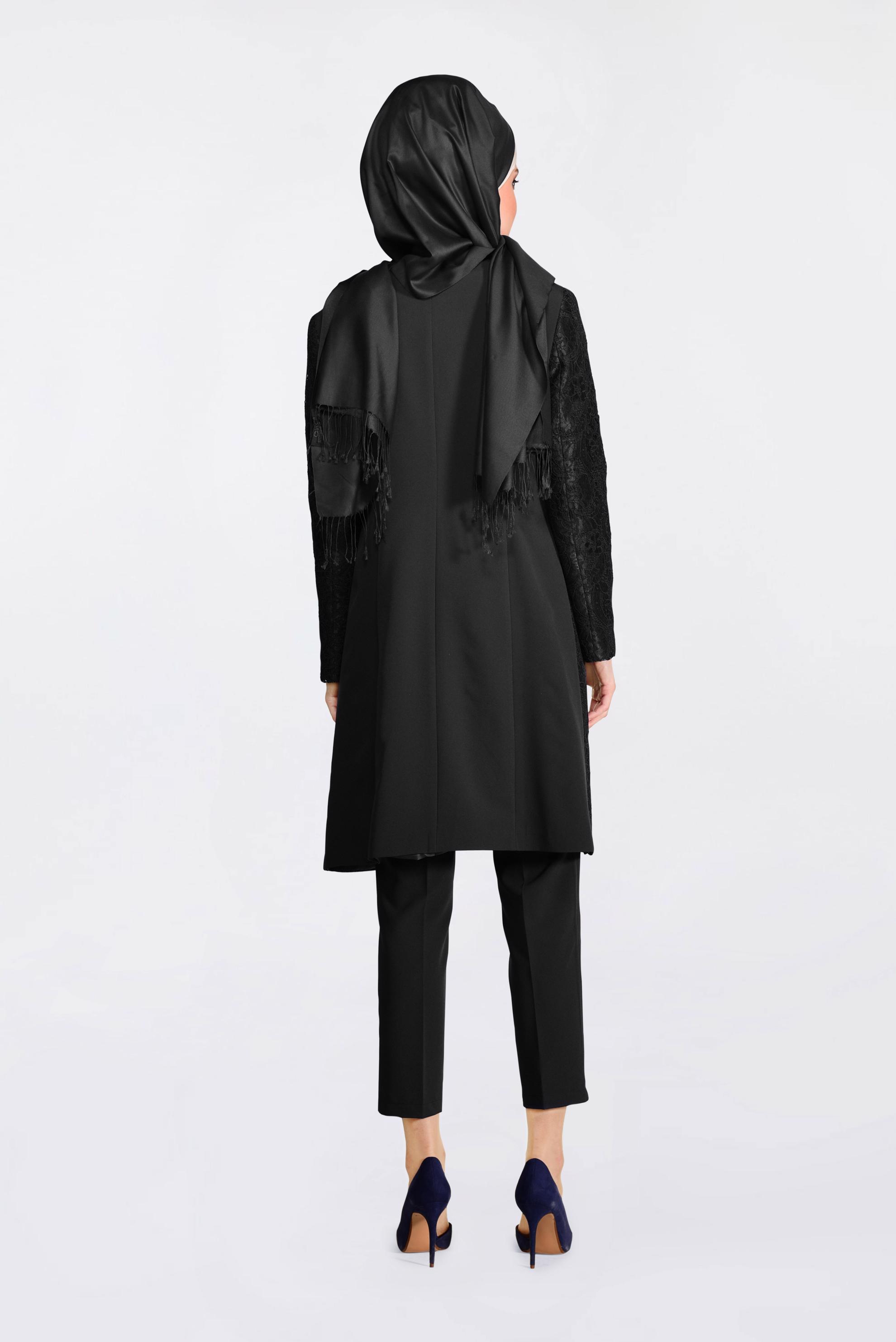 Tesettür giyim SİYAH DANTEL VE BONCUK İŞLEMELİ ÜÇLÜ PANTOLONLU TAKIM 3443