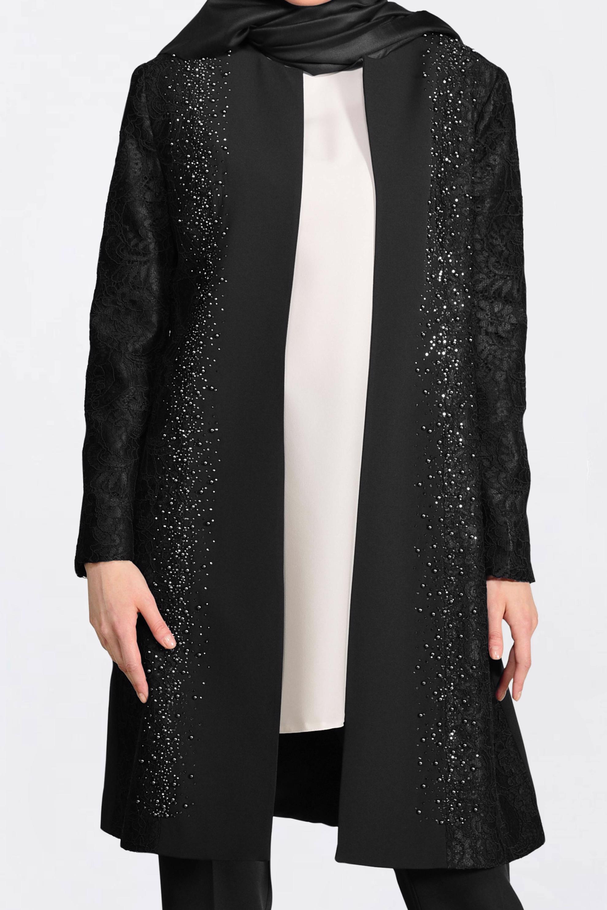 Tesettür giyim SİYAH DANTEL VE BONCUK İŞLEMELİ ÜÇLÜ PANTOLONLU TAKIM 3443