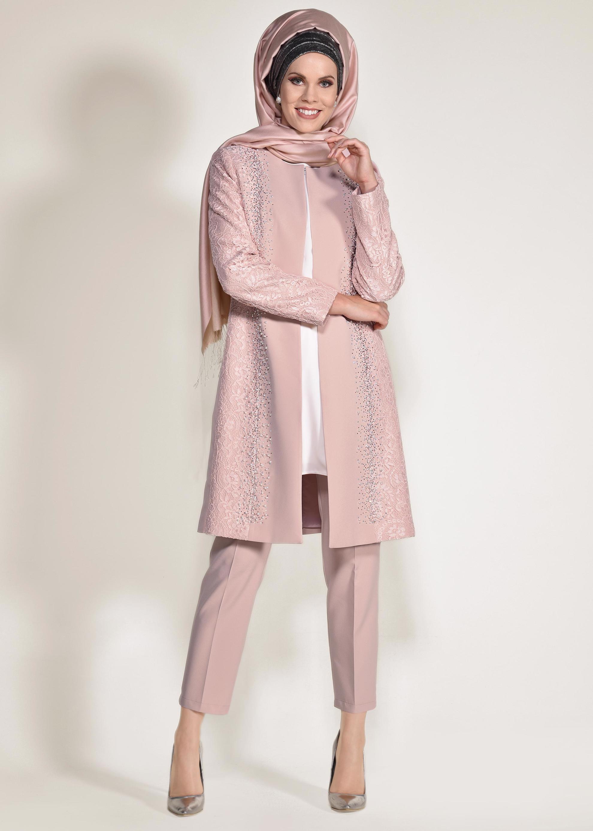 Tesettür giyim PUDRA DANTEL VE BONCUK İŞLEMELİ ÜÇLÜ PANTOLONLU TAKIM 3443