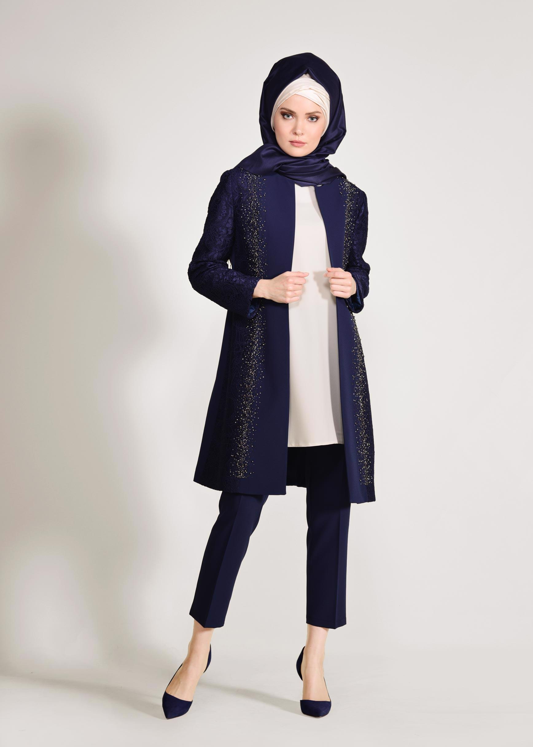 Tesettür giyim LACİVERT DANTEL VE BONCUK İŞLEMELİ ÜÇLÜ PANTOLONLU TAKIM 3443