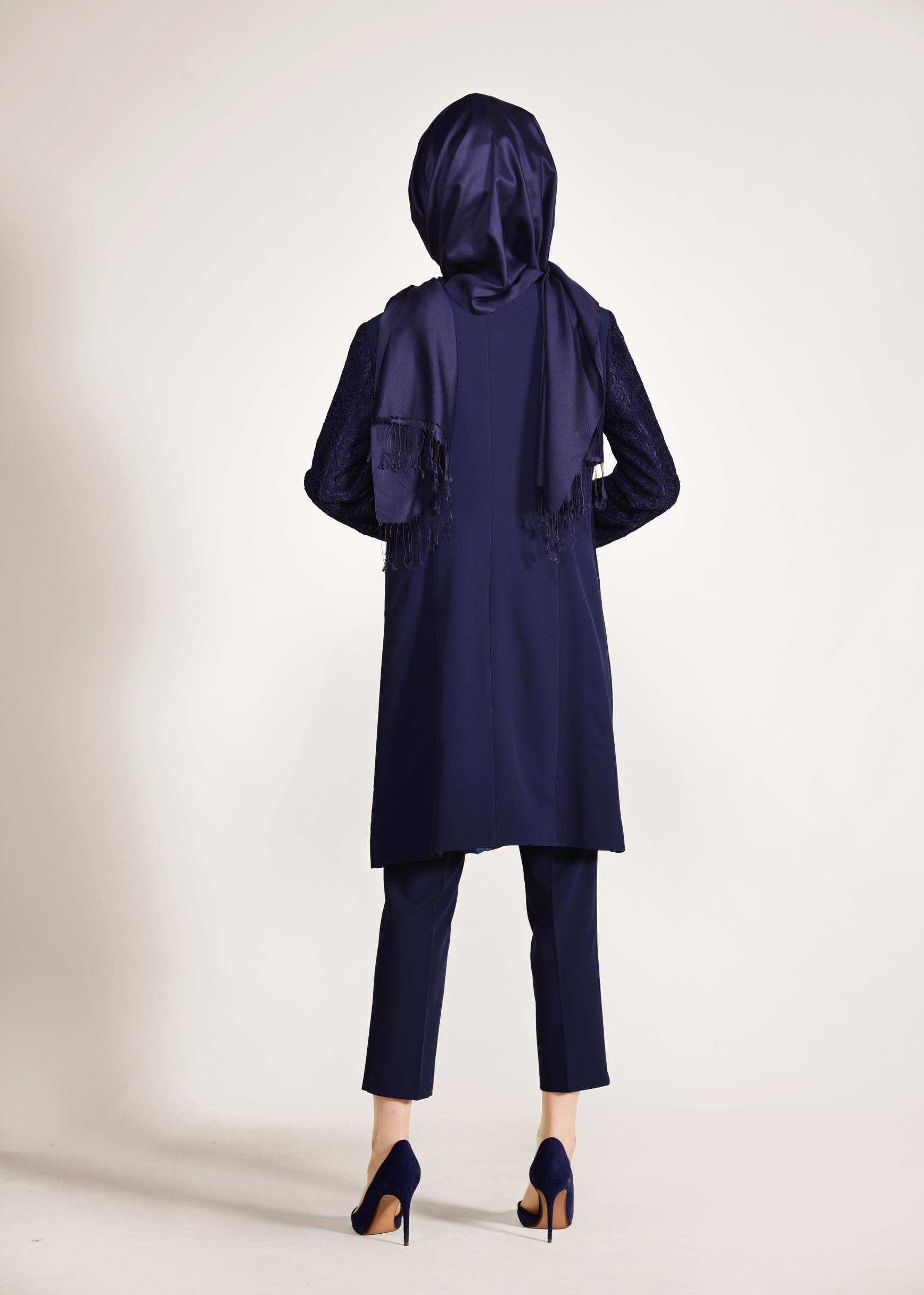 Tesettür giyim LACİVERT DANTEL VE BONCUK İŞLEMELİ ÜÇLÜ PANTOLONLU TAKIM 3443