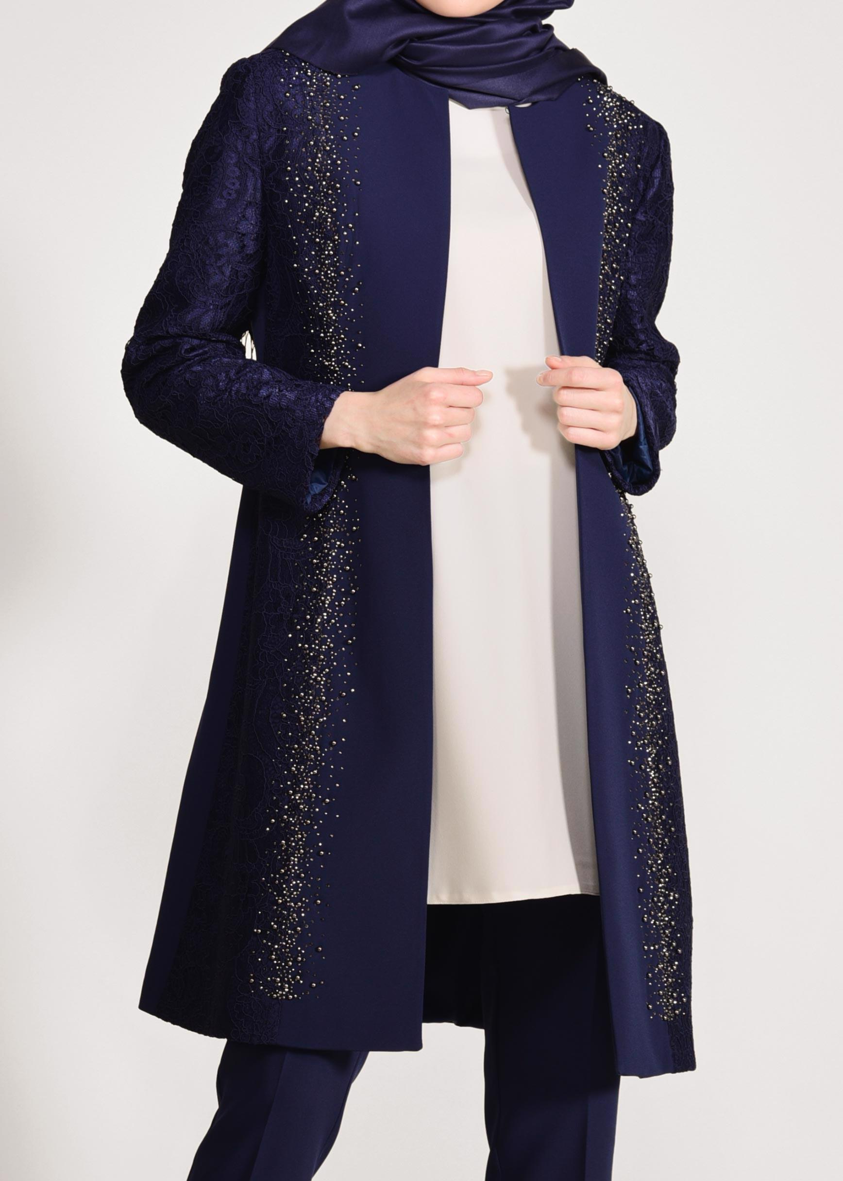 Tesettür giyim LACİVERT DANTEL VE BONCUK İŞLEMELİ ÜÇLÜ PANTOLONLU TAKIM 3443