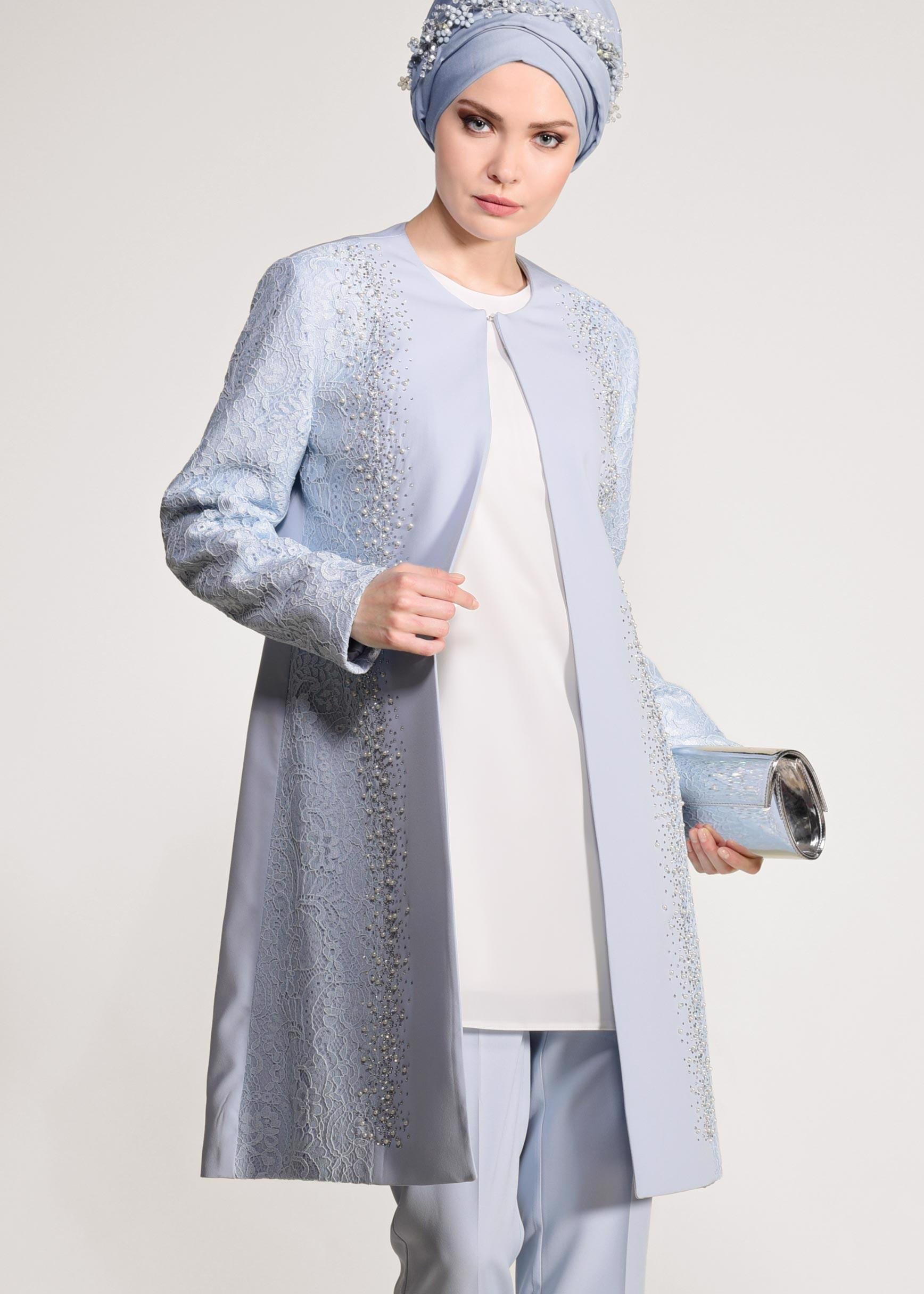 Tesettür giyim MAVİ DANTEL VE BONCUK İŞLEMELİ ÜÇLÜ PANTOLONLU TAKIM 3443