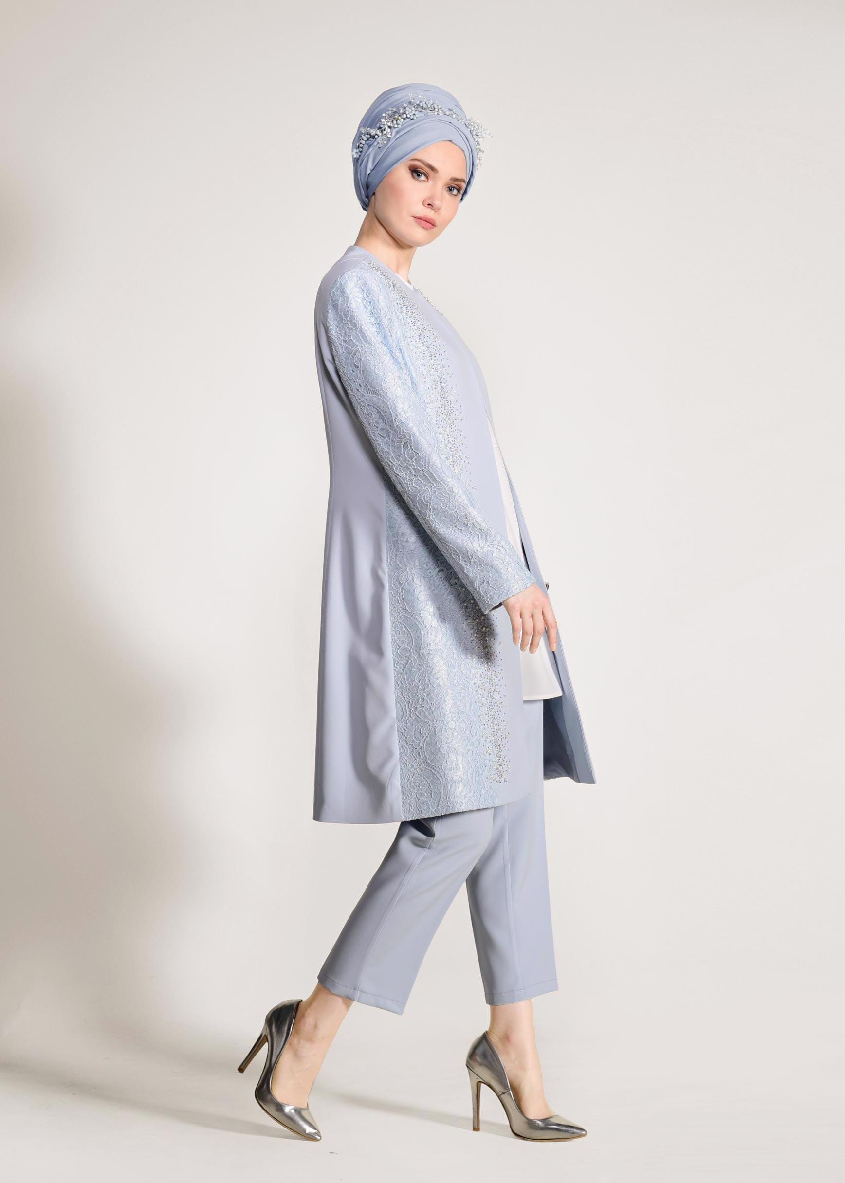 Tesettür giyim MAVİ DANTEL VE BONCUK İŞLEMELİ ÜÇLÜ PANTOLONLU TAKIM 3443