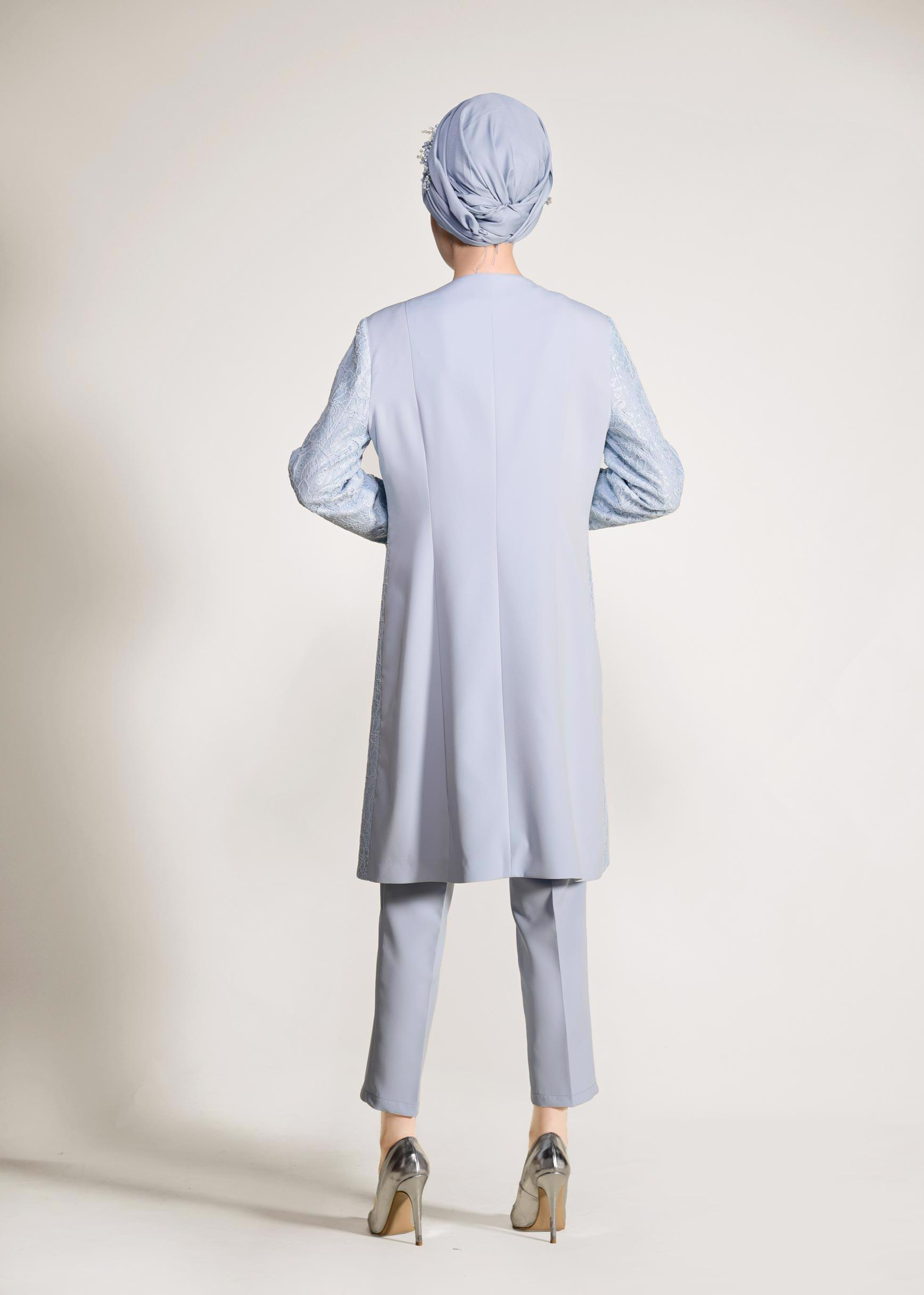 Tesettür giyim MAVİ DANTEL VE BONCUK İŞLEMELİ ÜÇLÜ PANTOLONLU TAKIM 3443