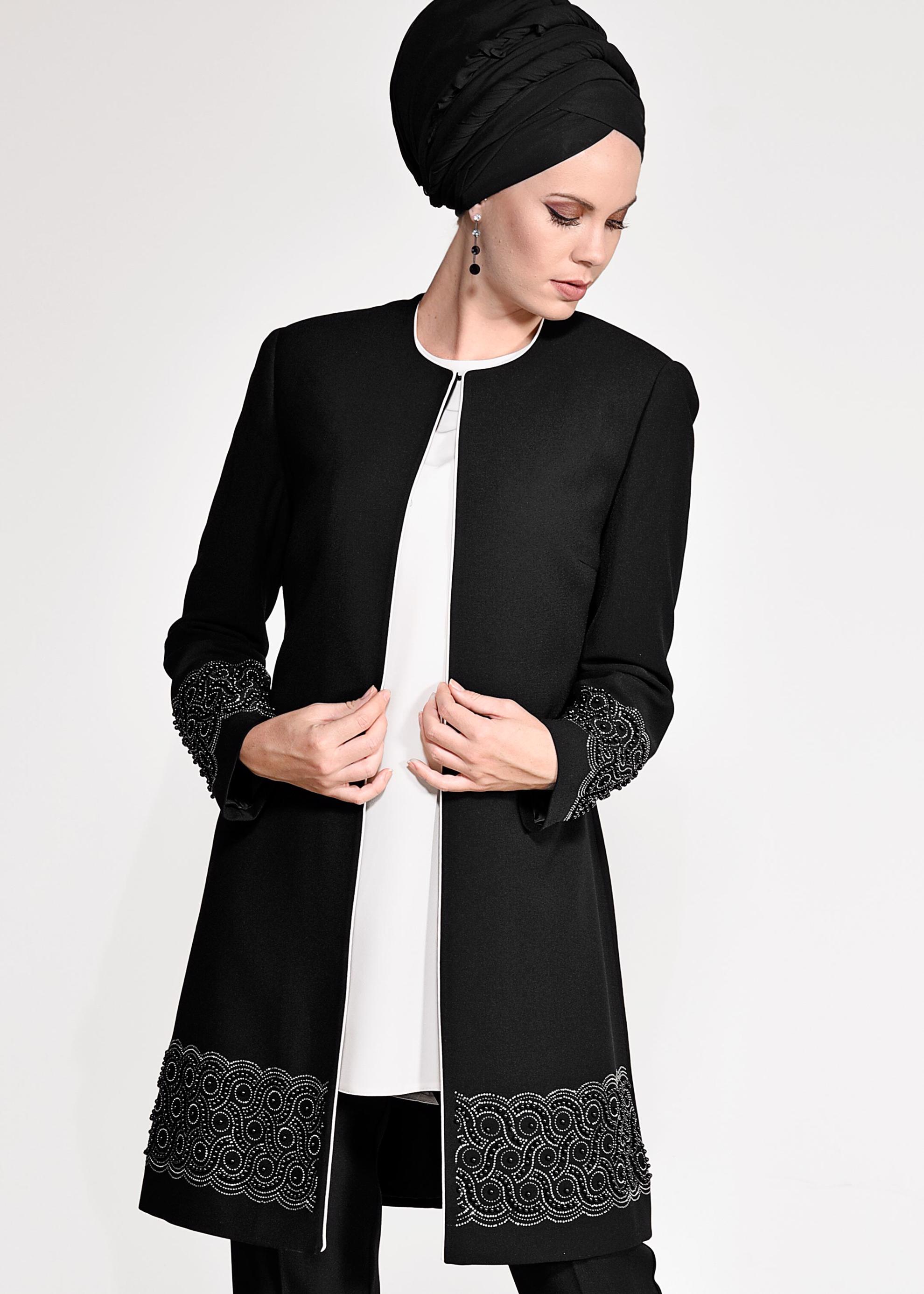 Tesettür giyim SİYAH BONCUK DETAYLI ÜÇLÜ PANTOLONLU TAKIM 3444