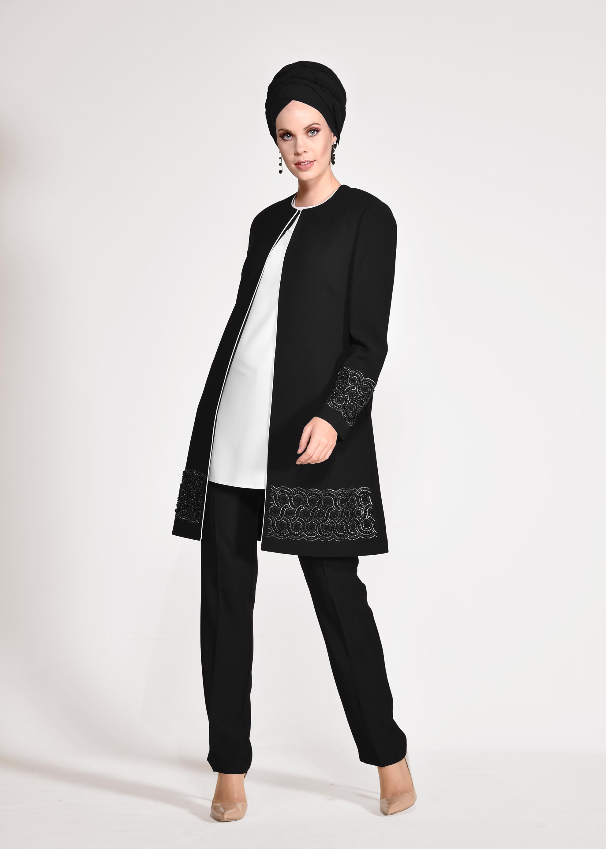 Tesettür giyim SİYAH BONCUK DETAYLI ÜÇLÜ PANTOLONLU TAKIM 3444