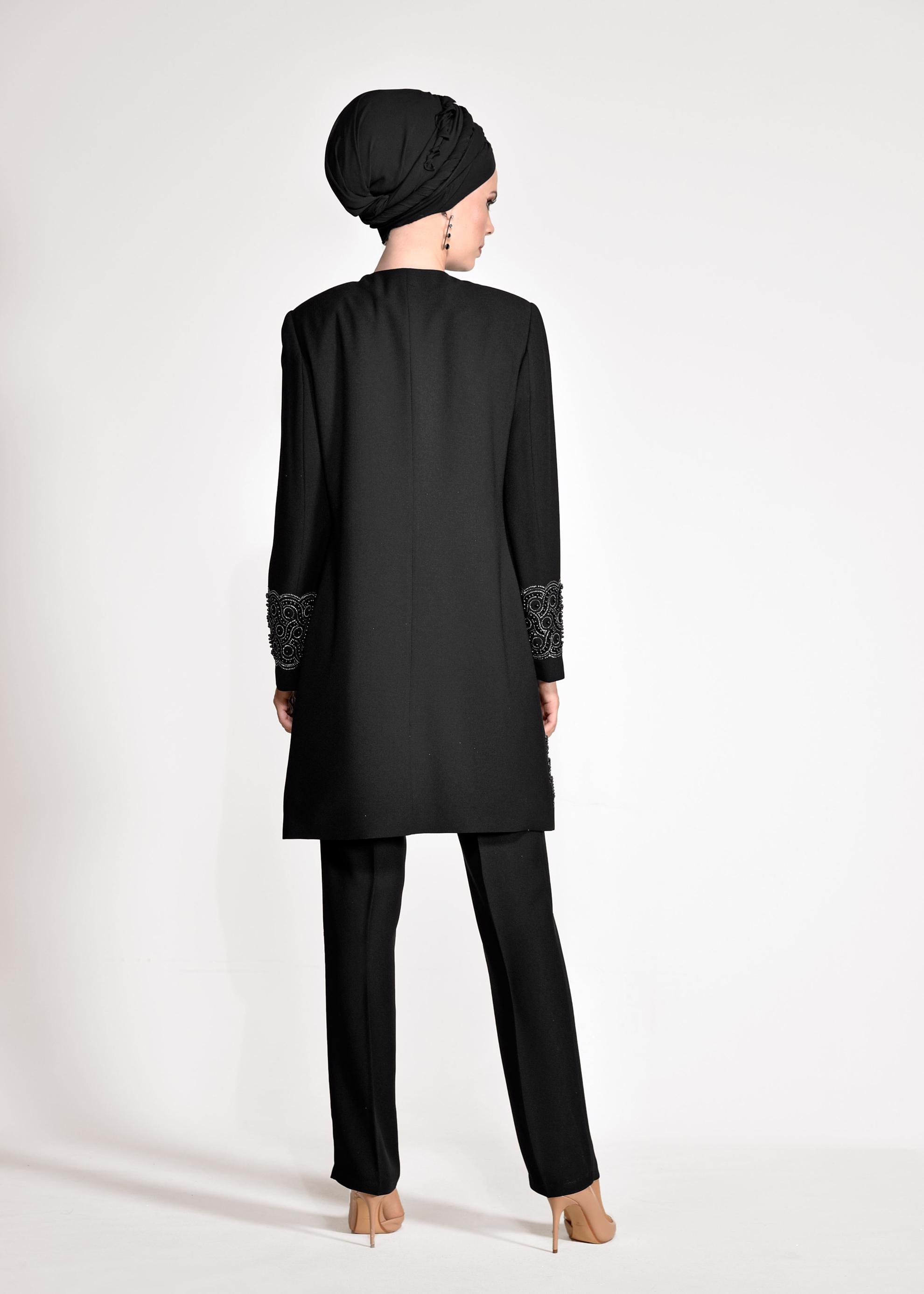 Tesettür giyim SİYAH BONCUK DETAYLI ÜÇLÜ PANTOLONLU TAKIM 3444