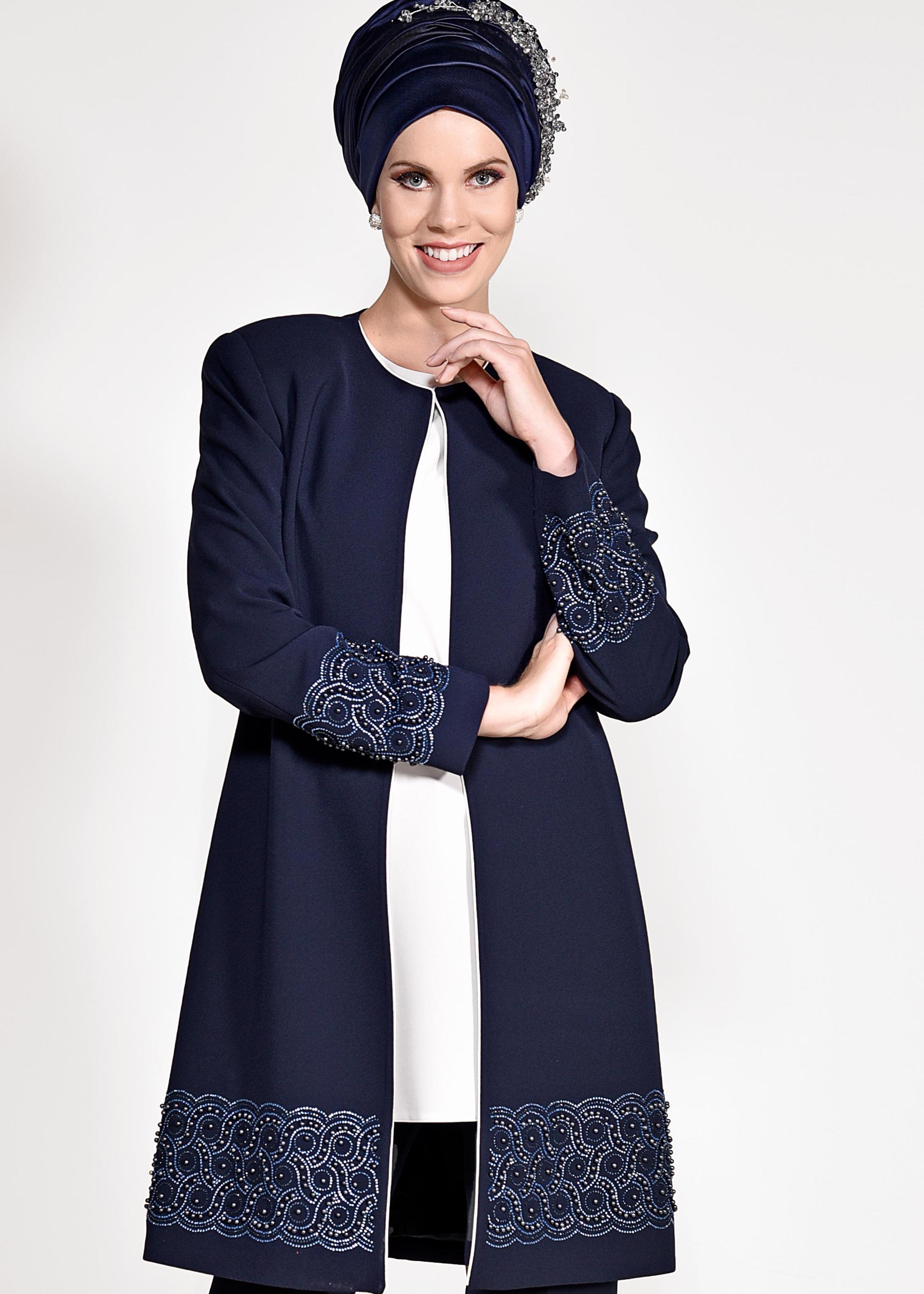 Tesettür giyim LACİVERT BONCUK DETAYLI ÜÇLÜ PANTOLONLU TAKIM 3444