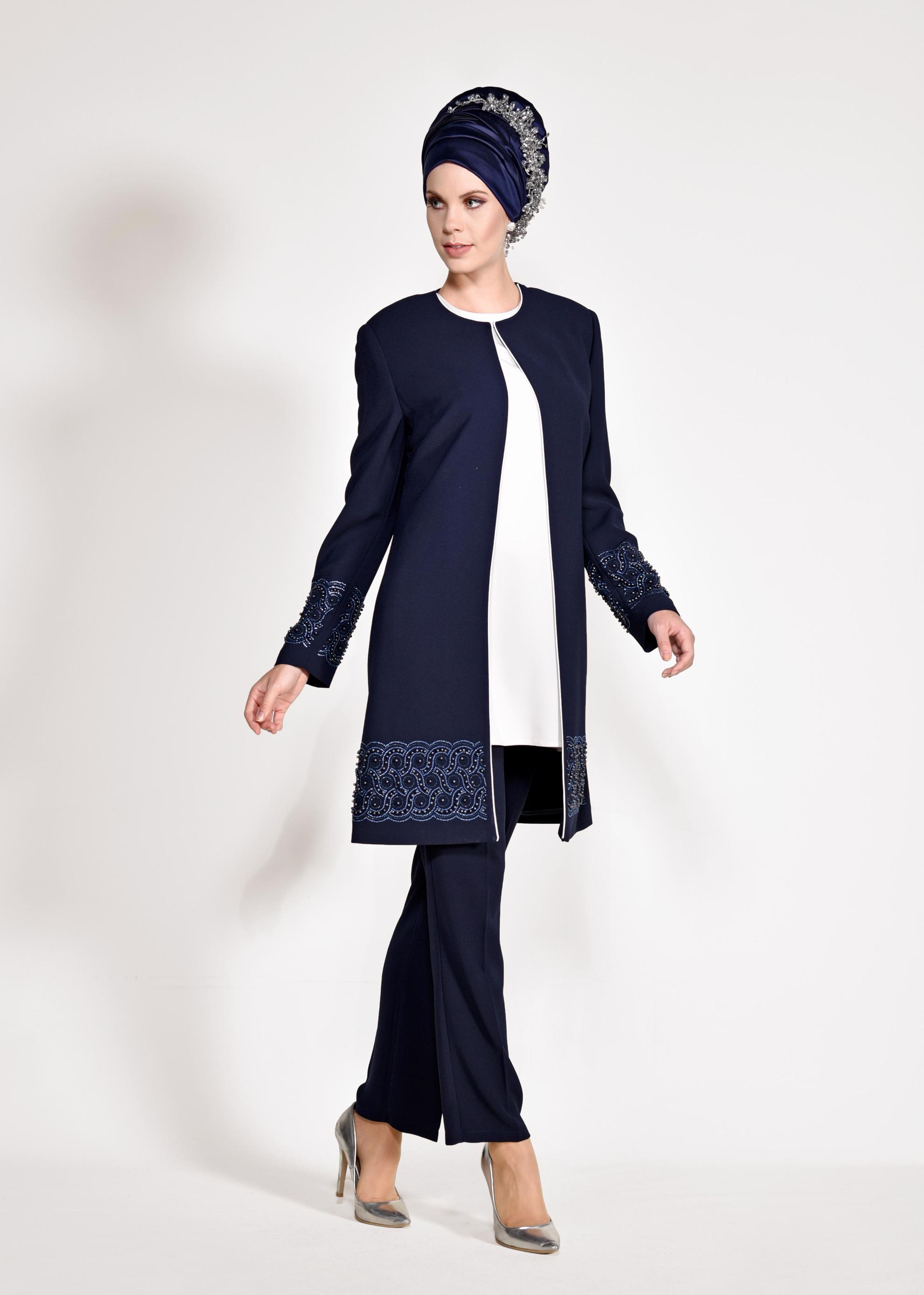 Tesettür giyim LACİVERT BONCUK DETAYLI ÜÇLÜ PANTOLONLU TAKIM 3444