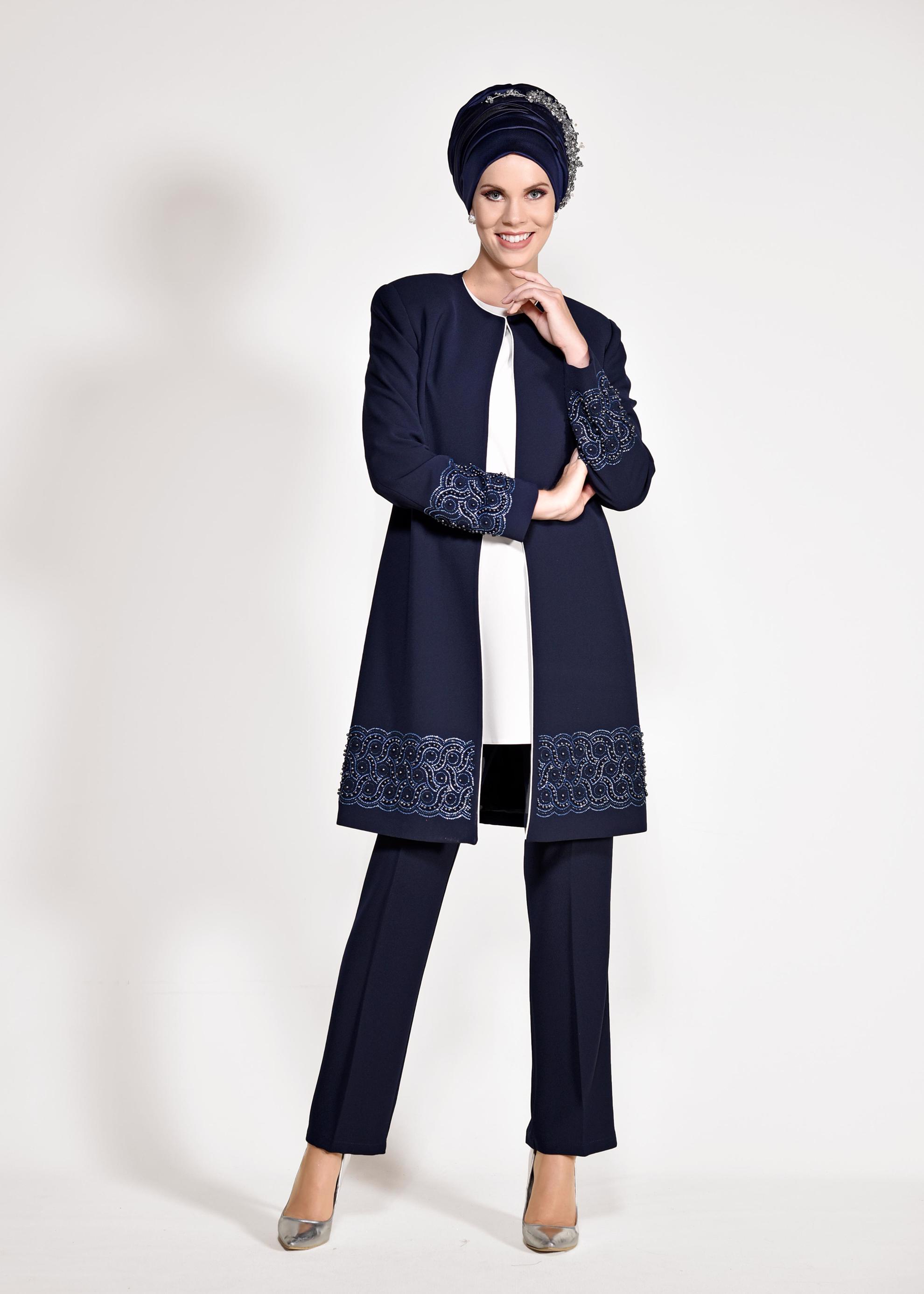 Tesettür giyim LACİVERT BONCUK DETAYLI ÜÇLÜ PANTOLONLU TAKIM 3444