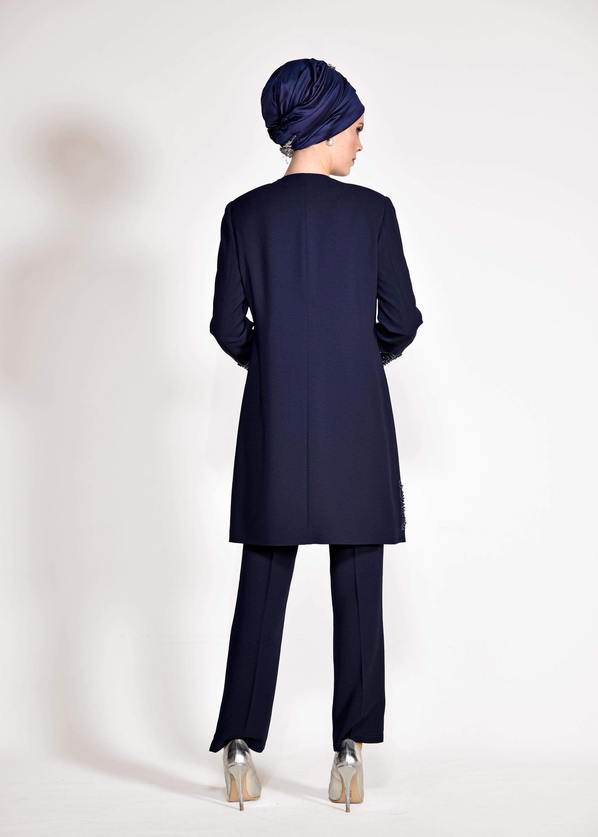 Tesettür giyim LACİVERT BONCUK DETAYLI ÜÇLÜ PANTOLONLU TAKIM 3444