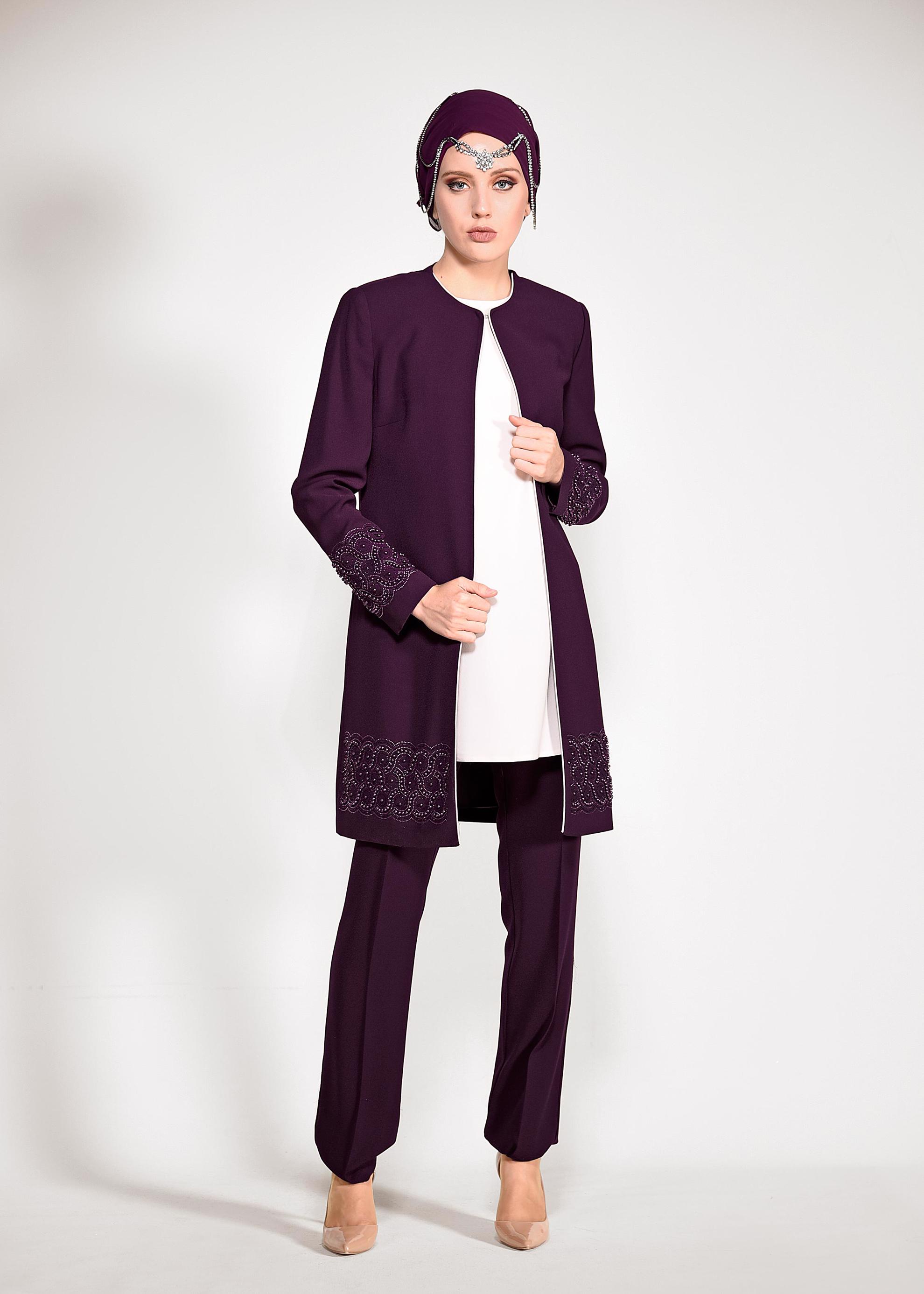 Tesettür giyim BORDO BONCUK DETAYLI ÜÇLÜ PANTOLONLU TAKIM 3444