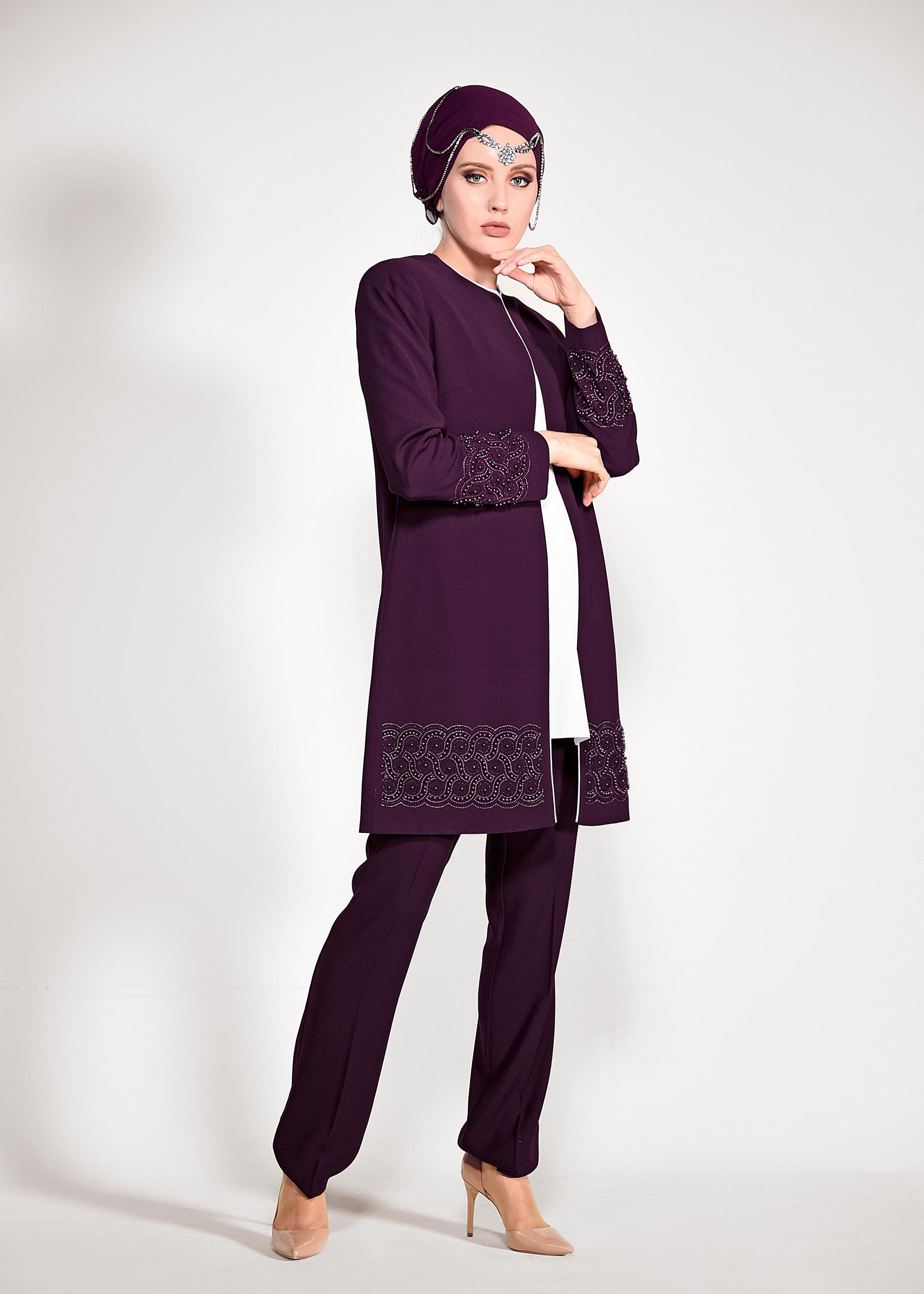 Tesettür giyim BORDO BONCUK DETAYLI ÜÇLÜ PANTOLONLU TAKIM 3444