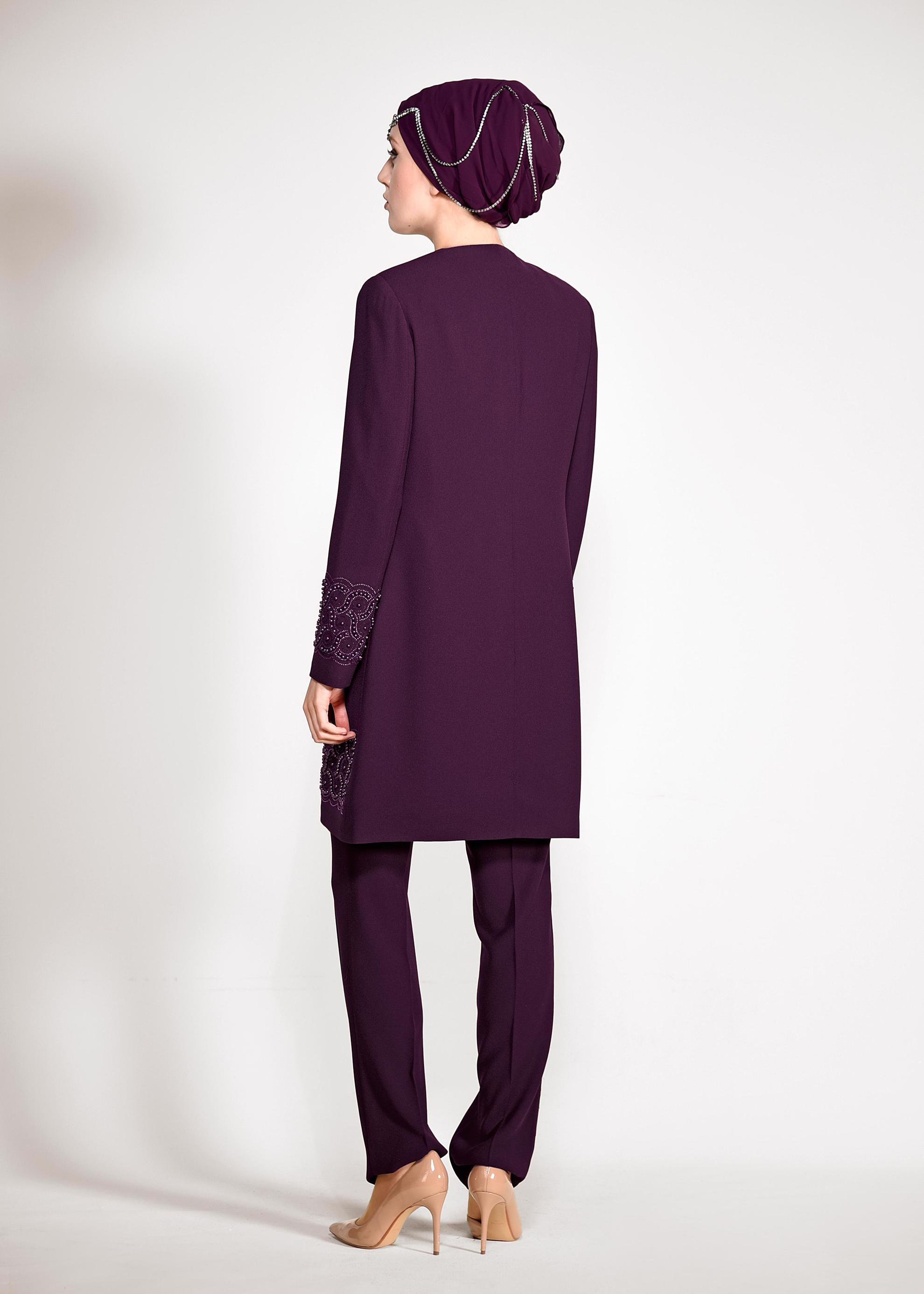 Tesettür giyim BORDO BONCUK DETAYLI ÜÇLÜ PANTOLONLU TAKIM 3444