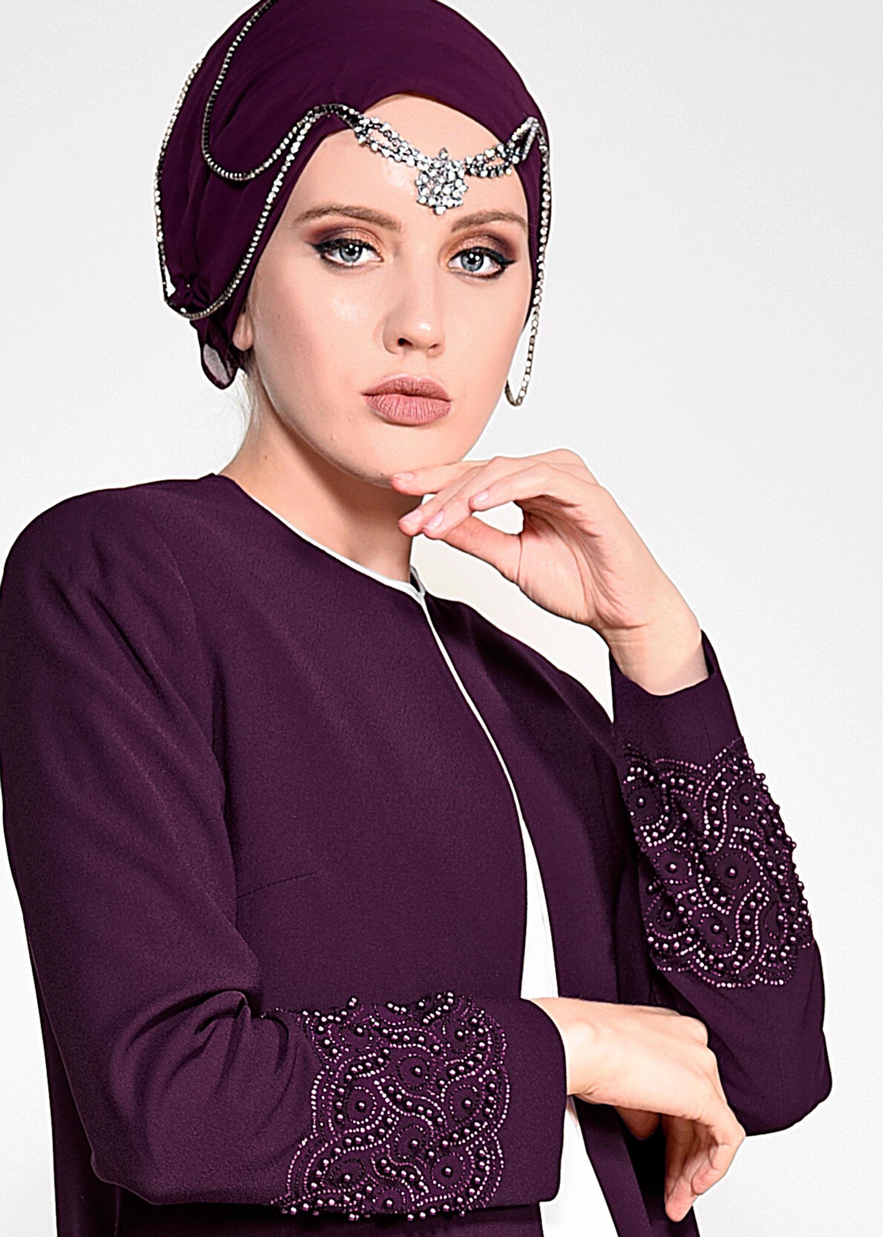 Tesettür giyim BORDO BONCUK DETAYLI ÜÇLÜ PANTOLONLU TAKIM 3444