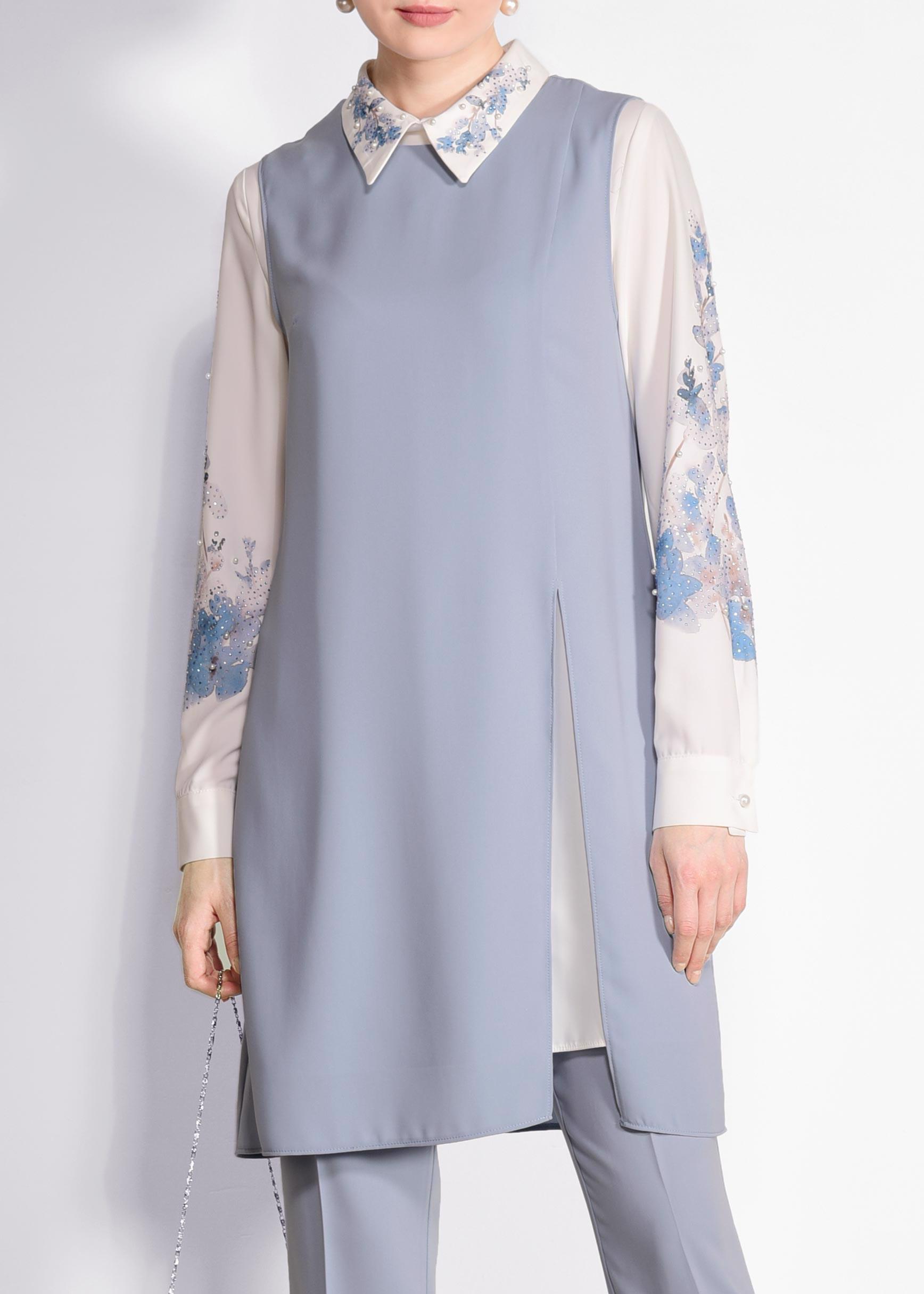 Tesettür giyim MAVİ YAKASI VE KOLLARI ÇİÇEK DESENLİ ÜÇLÜ PANTOLONLU TAKIM 3449