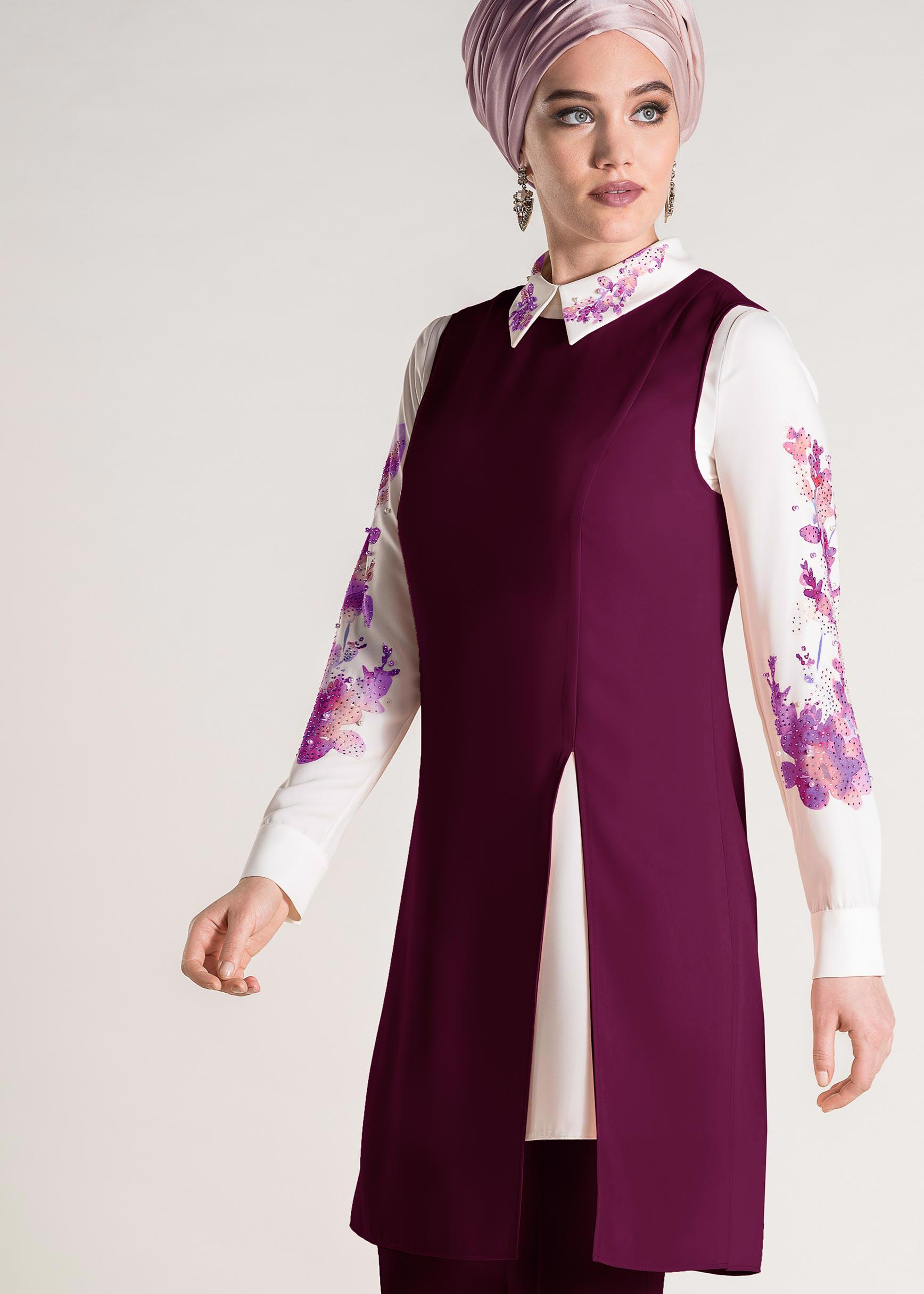 Tesettür giyim MÜRDÜM YAKASI VE KOLLARI ÇİÇEK DESENLİ ÜÇLÜ PANTOLONLU TAKIM 3449