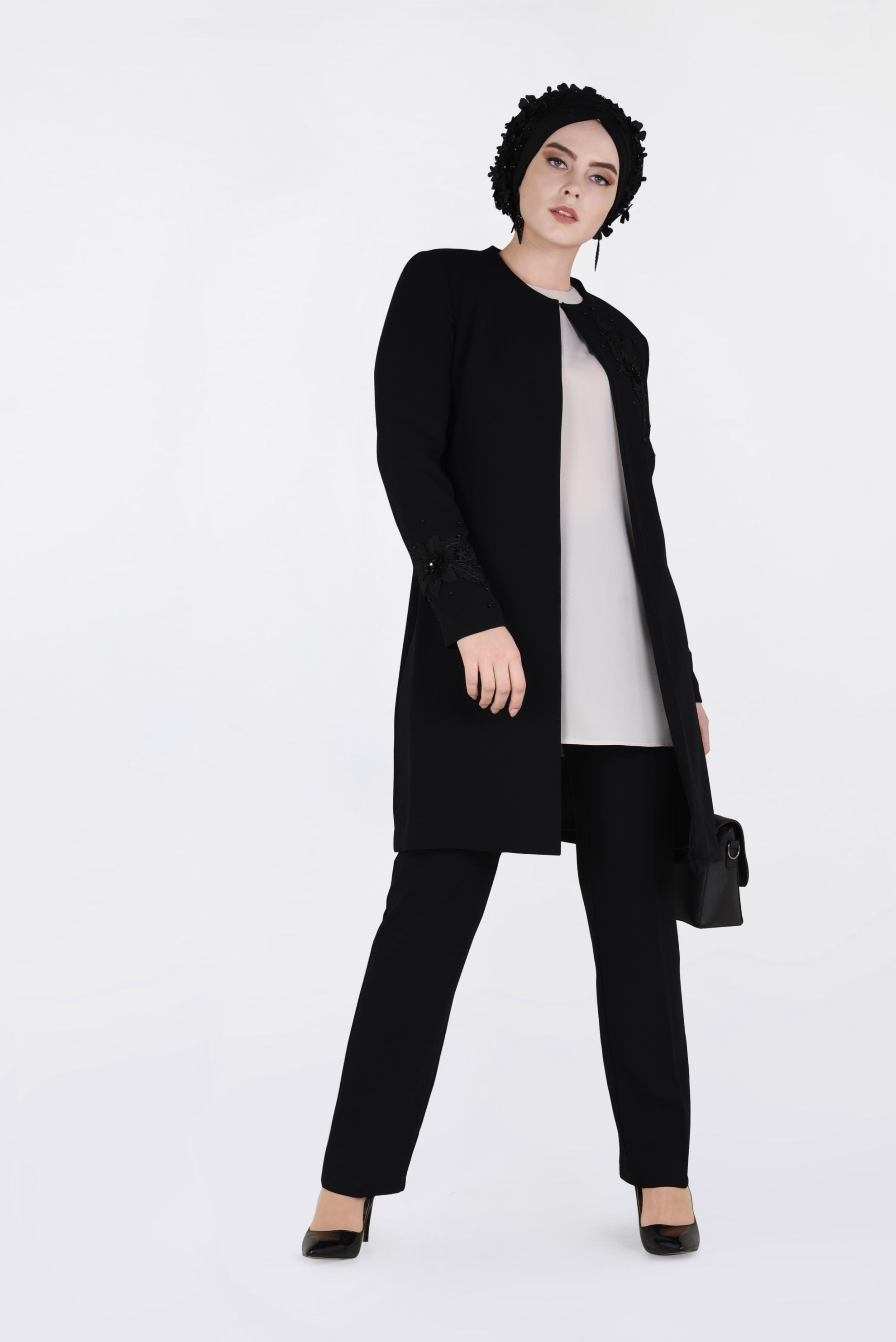 Tesettür giyim SİYAH ÇİÇEK GÜPÜR DETAYLI İNCİLİ ÜÇLÜ PANTOLON TAKIM 3460