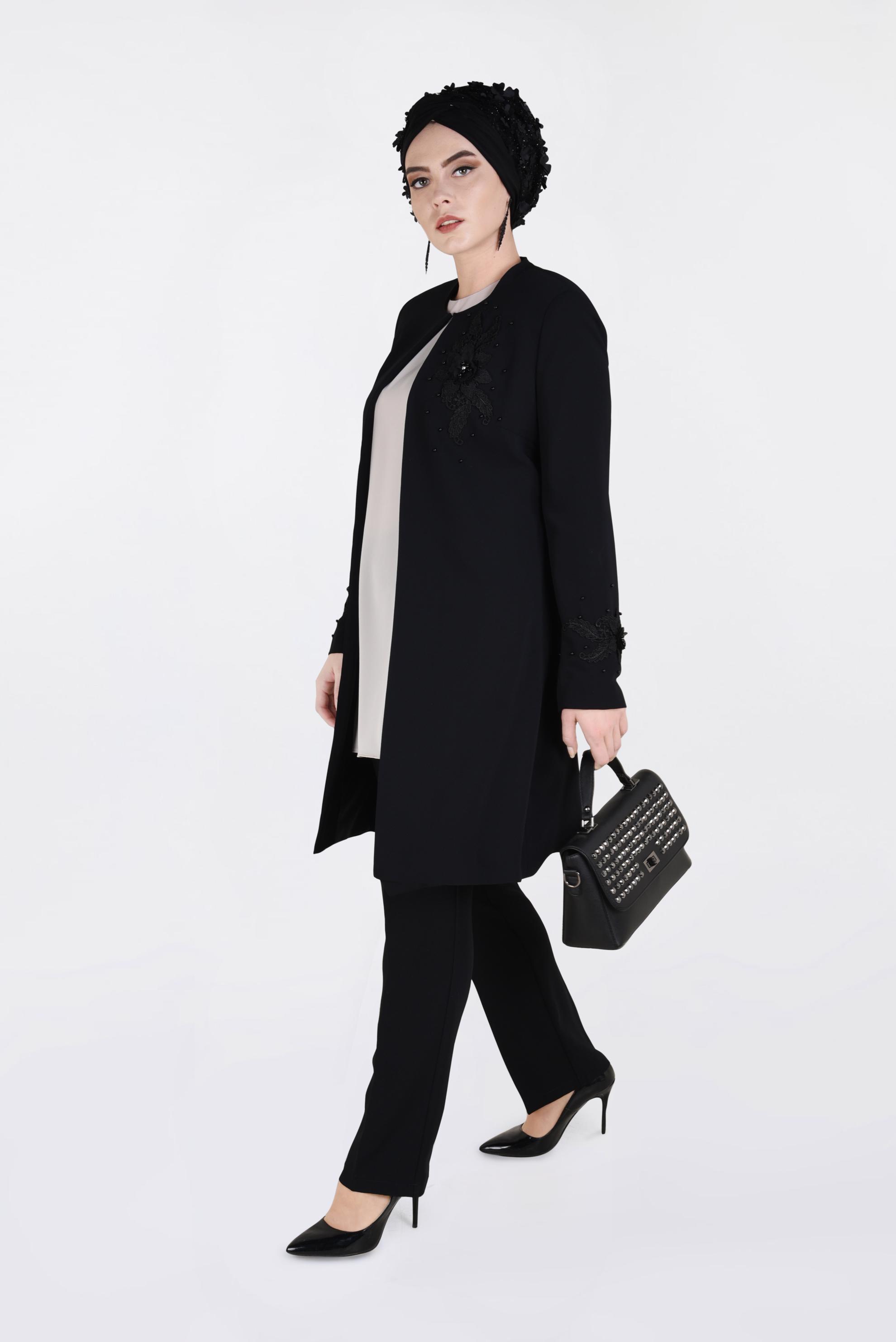 Tesettür giyim SİYAH ÇİÇEK GÜPÜR DETAYLI İNCİLİ ÜÇLÜ PANTOLON TAKIM 3460