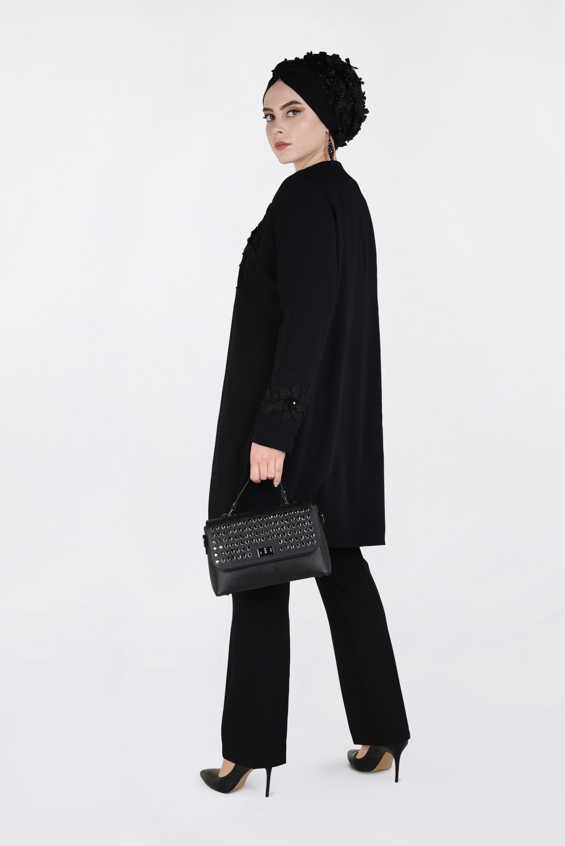 Tesettür giyim SİYAH ÇİÇEK GÜPÜR DETAYLI İNCİLİ ÜÇLÜ PANTOLON TAKIM 3460