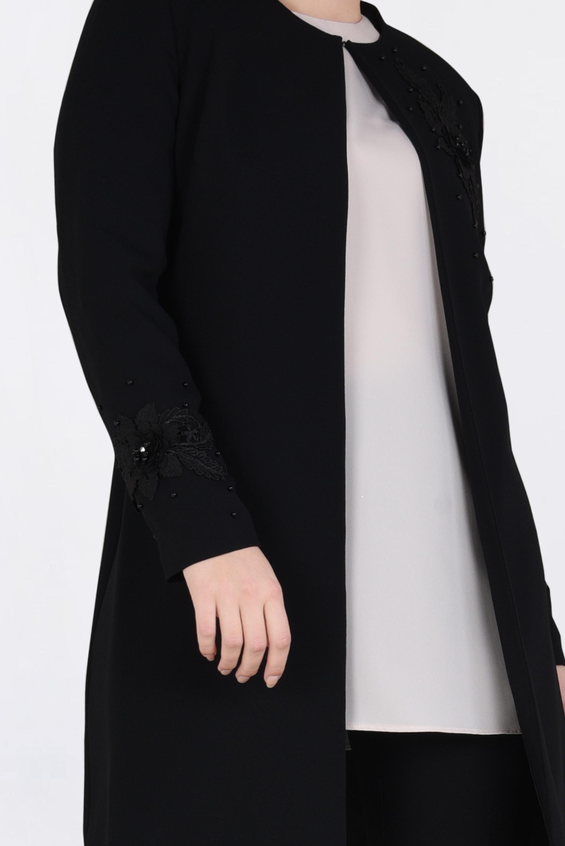 Tesettür giyim SİYAH ÇİÇEK GÜPÜR DETAYLI İNCİLİ ÜÇLÜ PANTOLON TAKIM 3460