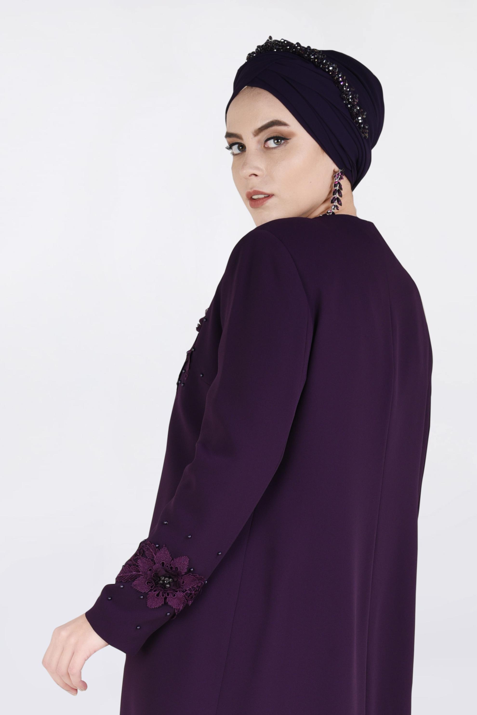 Tesettür giyim MOR ÇİÇEK GÜPÜR DETAYLI İNCİLİ ÜÇLÜ PANTOLON TAKIM 3460