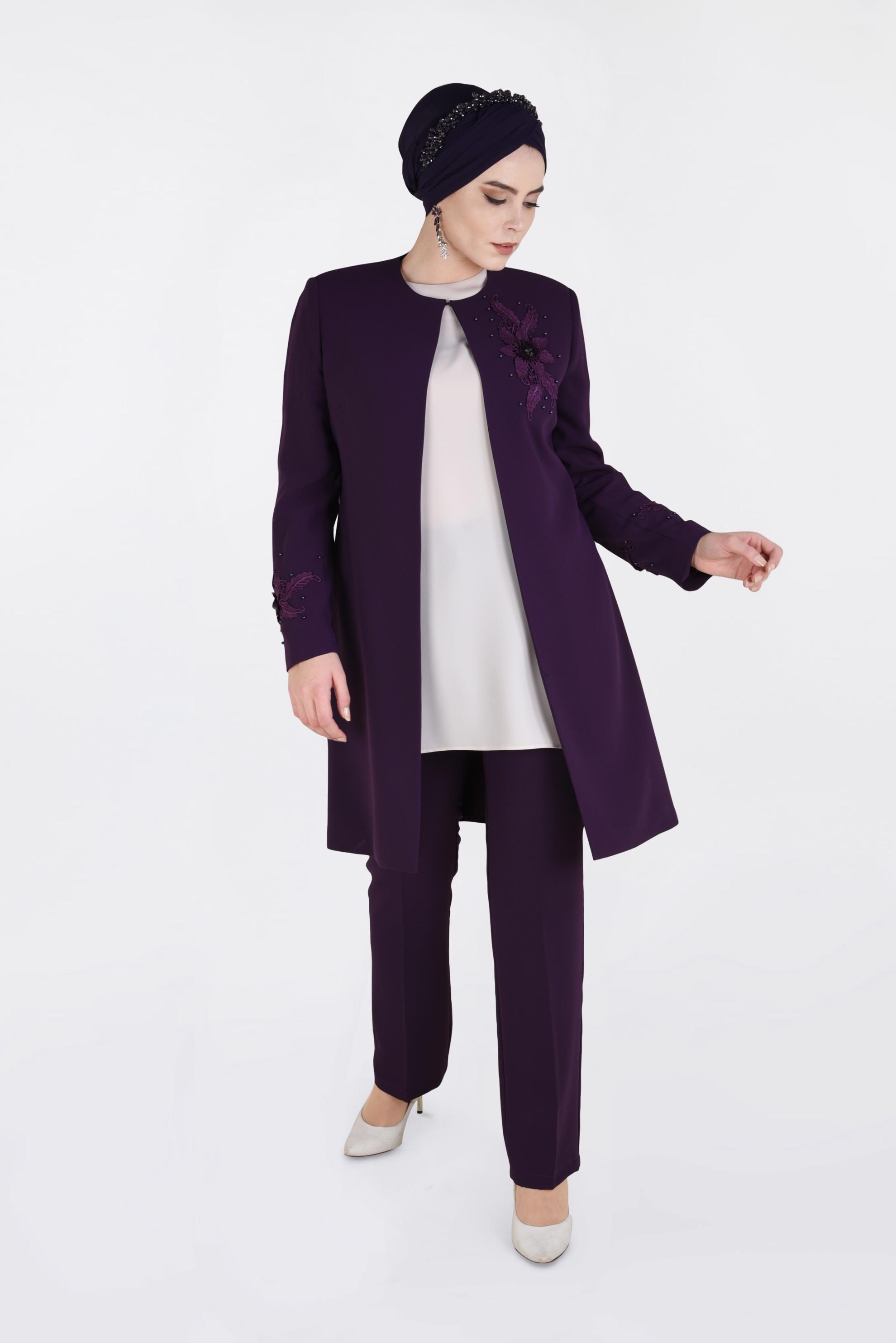 Tesettür giyim MOR ÇİÇEK GÜPÜR DETAYLI İNCİLİ ÜÇLÜ PANTOLON TAKIM 3460