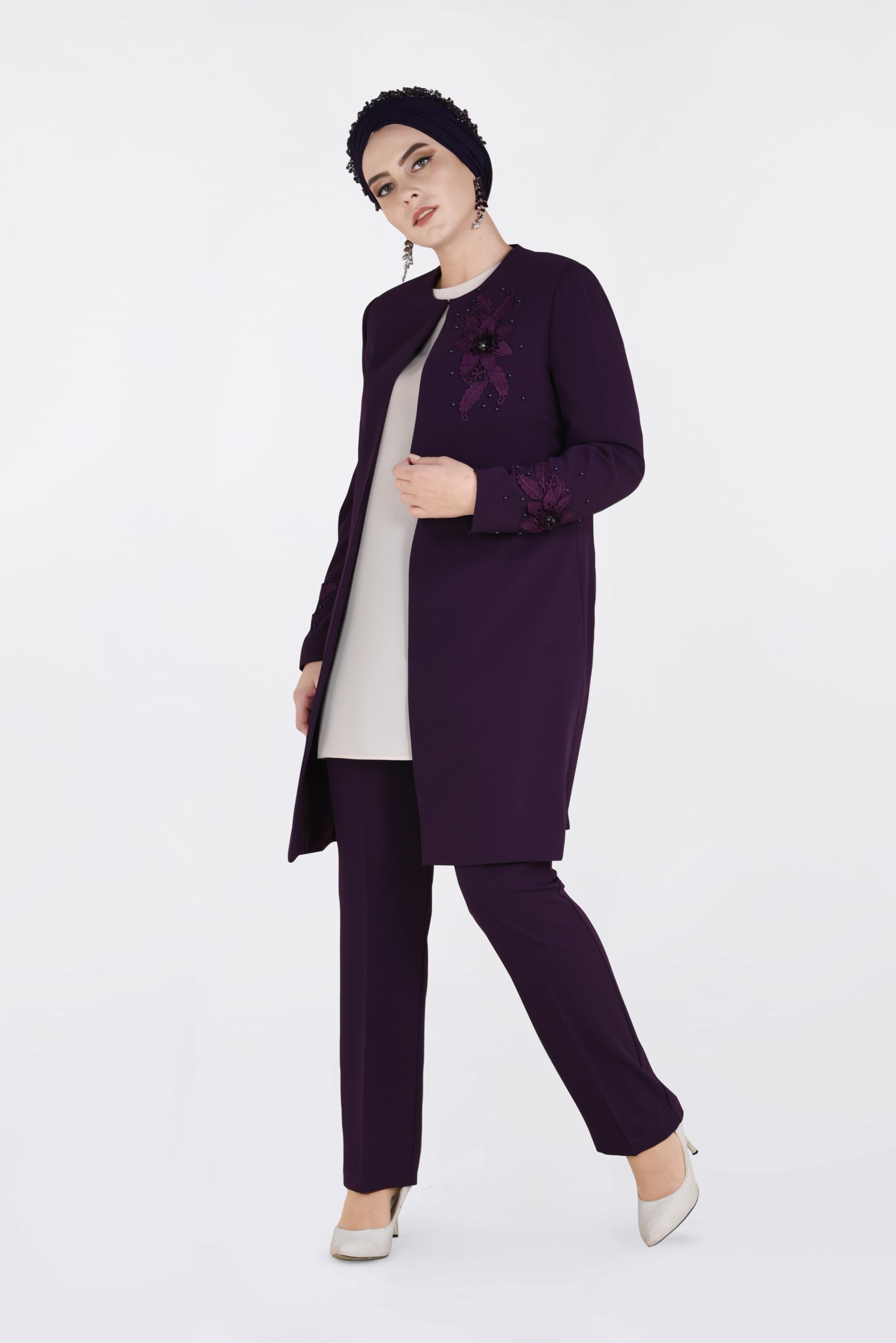 Tesettür giyim MOR ÇİÇEK GÜPÜR DETAYLI İNCİLİ ÜÇLÜ PANTOLON TAKIM 3460