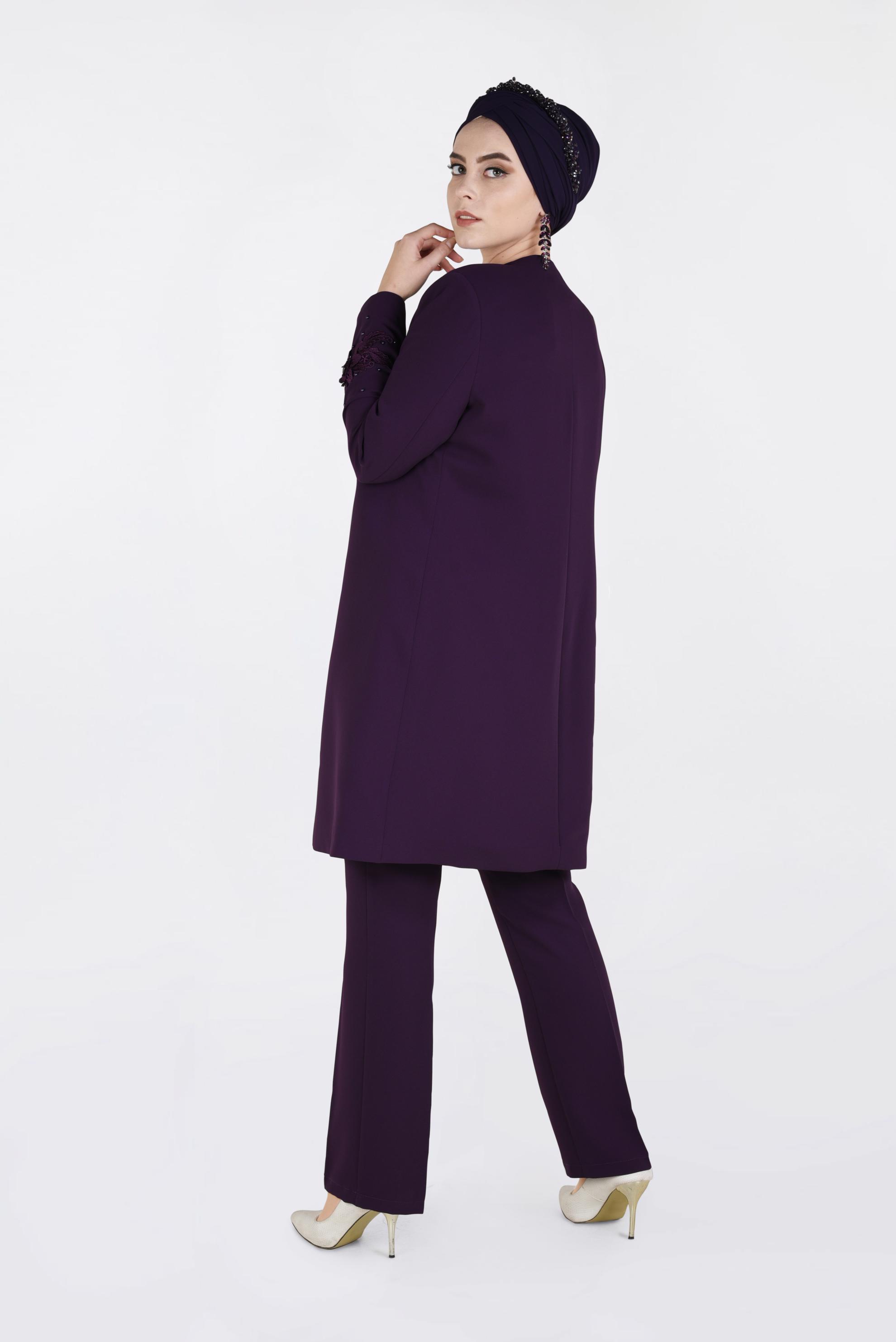 Tesettür giyim MOR ÇİÇEK GÜPÜR DETAYLI İNCİLİ ÜÇLÜ PANTOLON TAKIM 3460