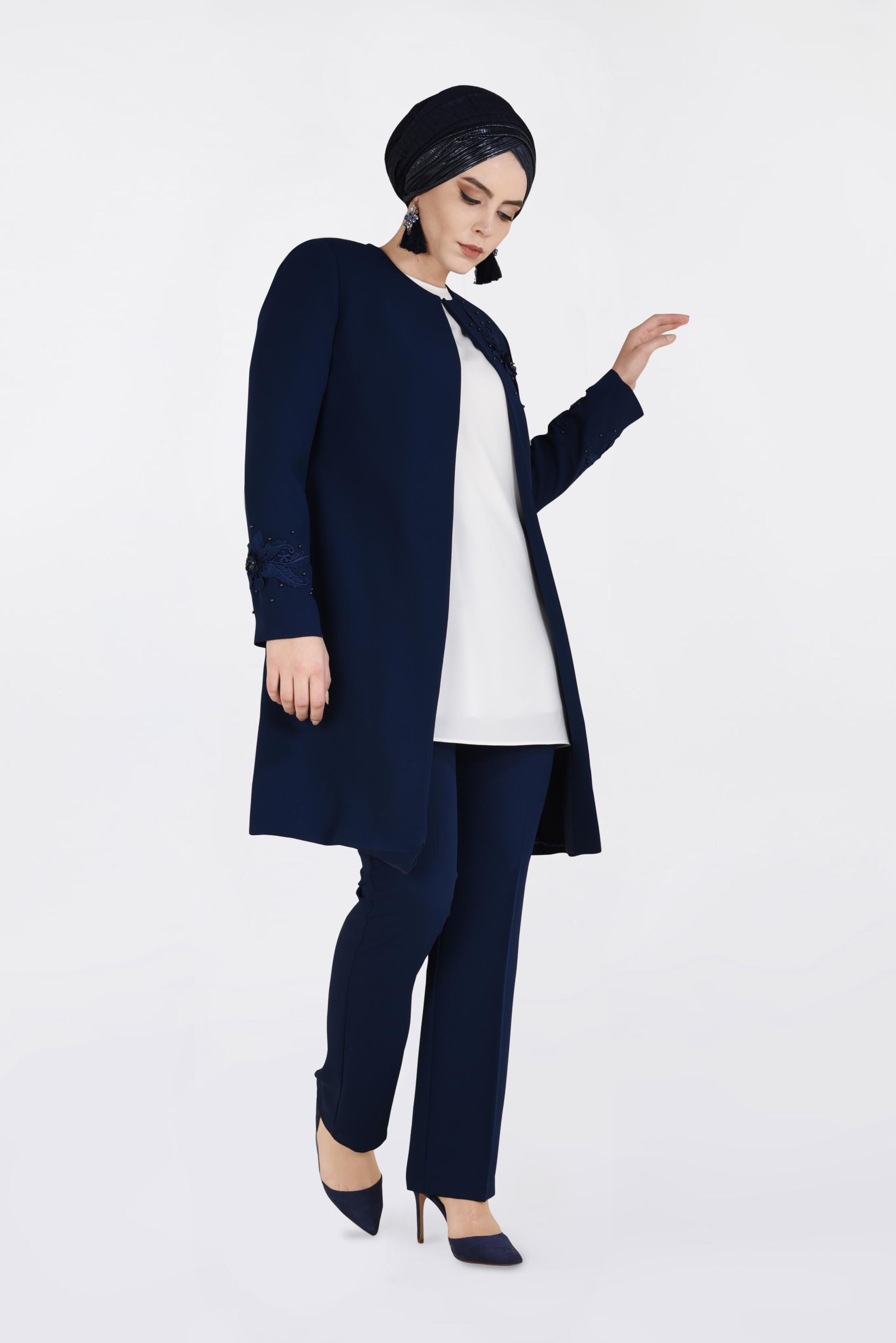 Tesettür giyim LACİVERT ÇİÇEK GÜPÜR DETAYLI İNCİLİ ÜÇLÜ PANTOLON TAKIM 3460