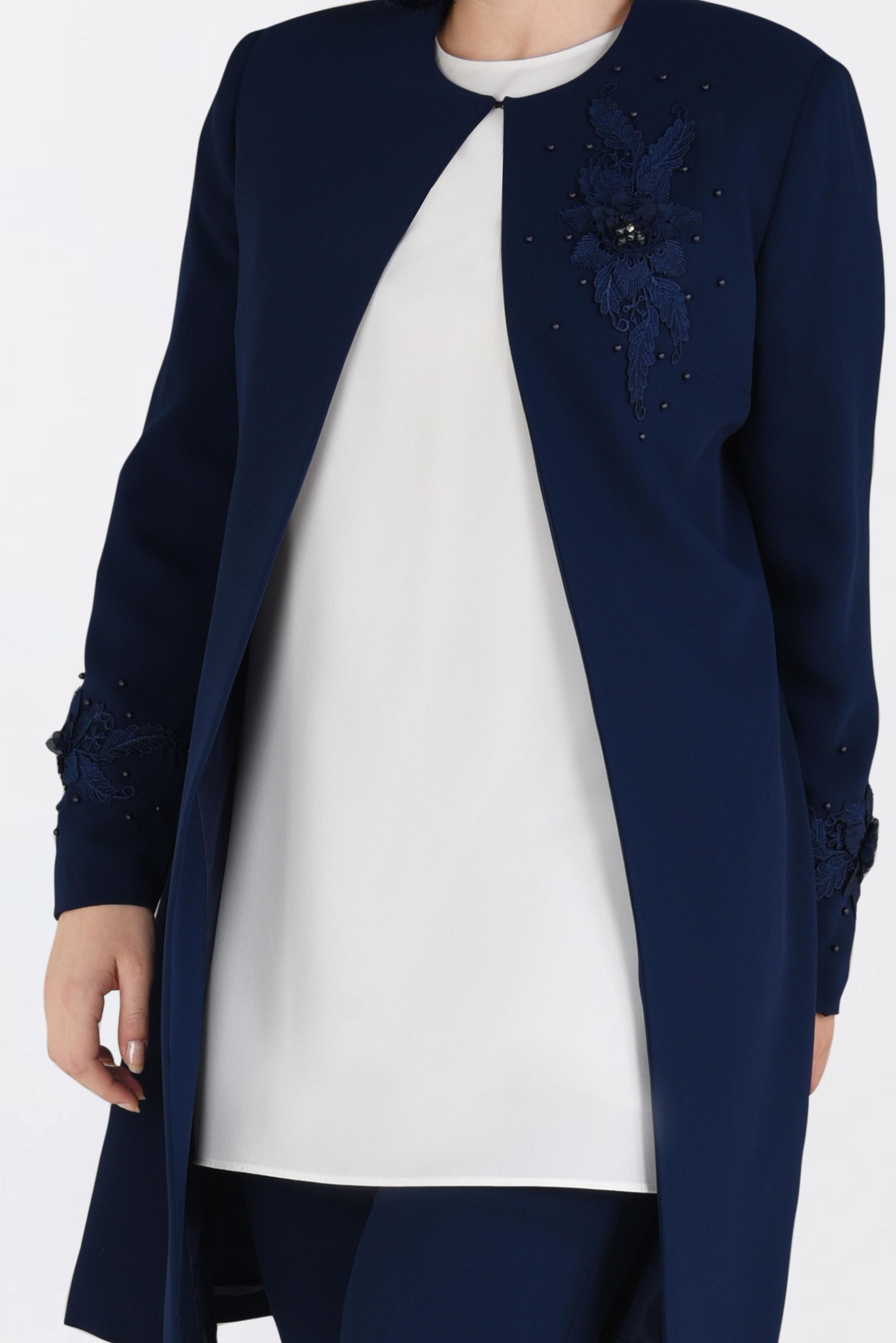 Tesettür giyim LACİVERT ÇİÇEK GÜPÜR DETAYLI İNCİLİ ÜÇLÜ PANTOLON TAKIM 3460