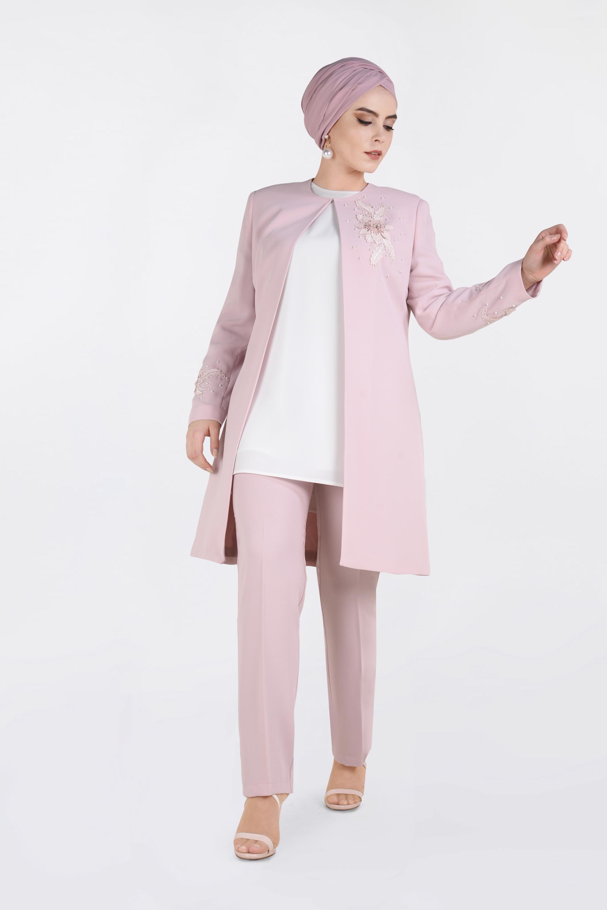Tesettür giyim PUDRA ÇİÇEK GÜPÜR DETAYLI İNCİLİ ÜÇLÜ PANTOLON TAKIM 3460