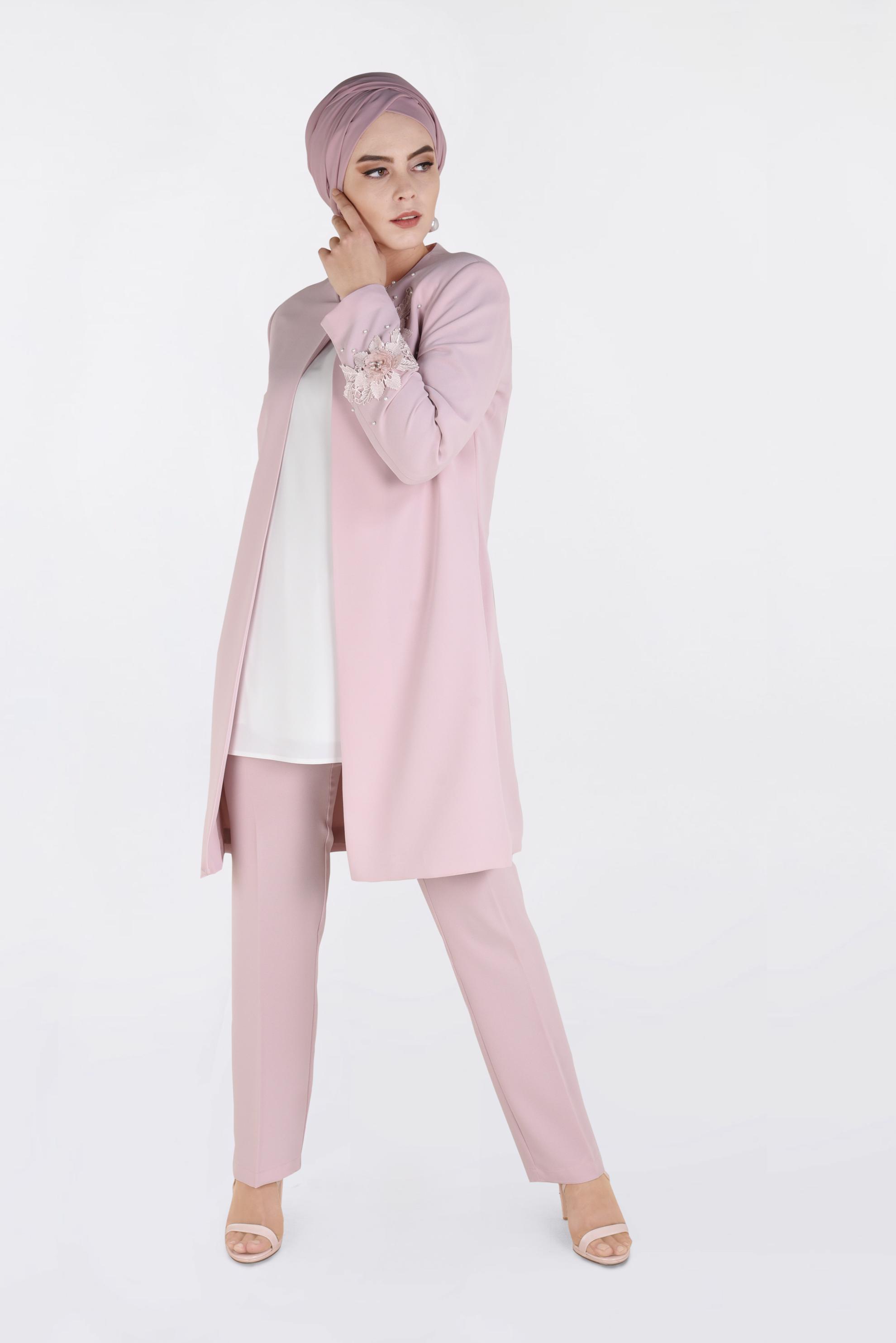 Tesettür giyim PUDRA ÇİÇEK GÜPÜR DETAYLI İNCİLİ ÜÇLÜ PANTOLON TAKIM 3460