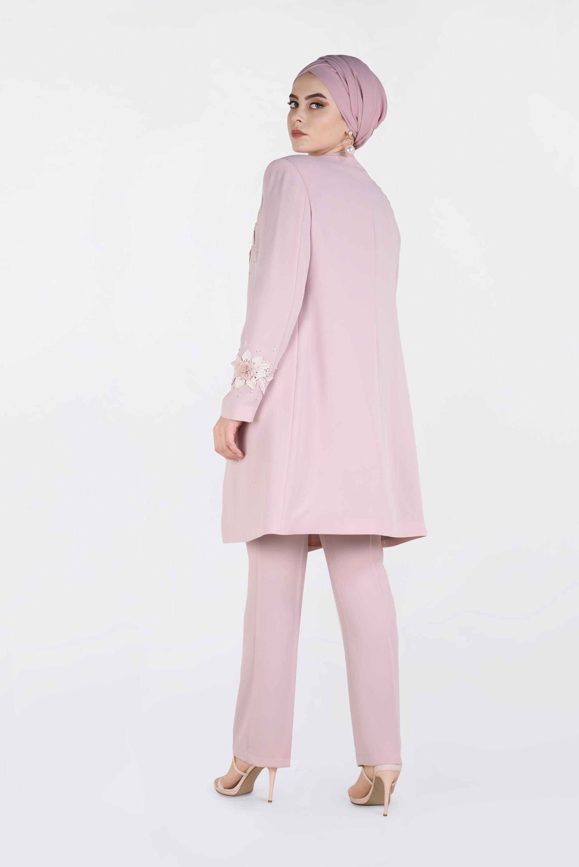 Tesettür giyim PUDRA ÇİÇEK GÜPÜR DETAYLI İNCİLİ ÜÇLÜ PANTOLON TAKIM 3460